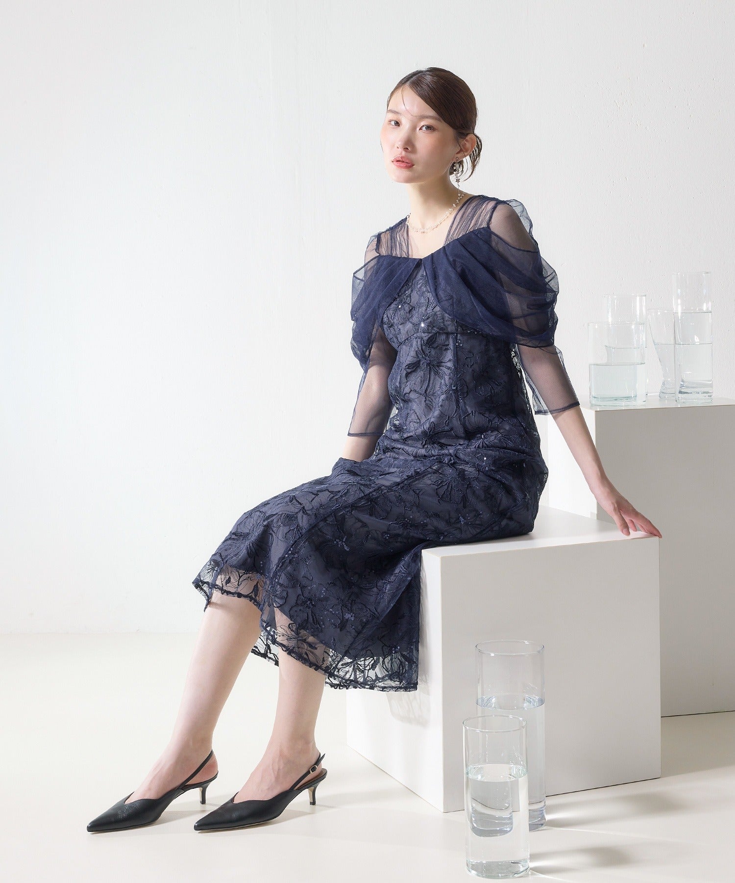 花柄刺繍レース スパンコール ドレス ワンピース オフショルダー風 花柄刺繍スパンコールチュールドレープオフショル風ドレス