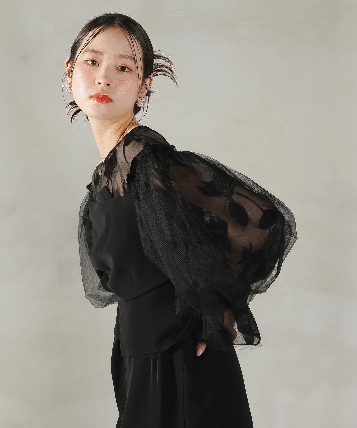 オーガンジー×チュール ボリューム袖 花柄 ビスチェ ドレス