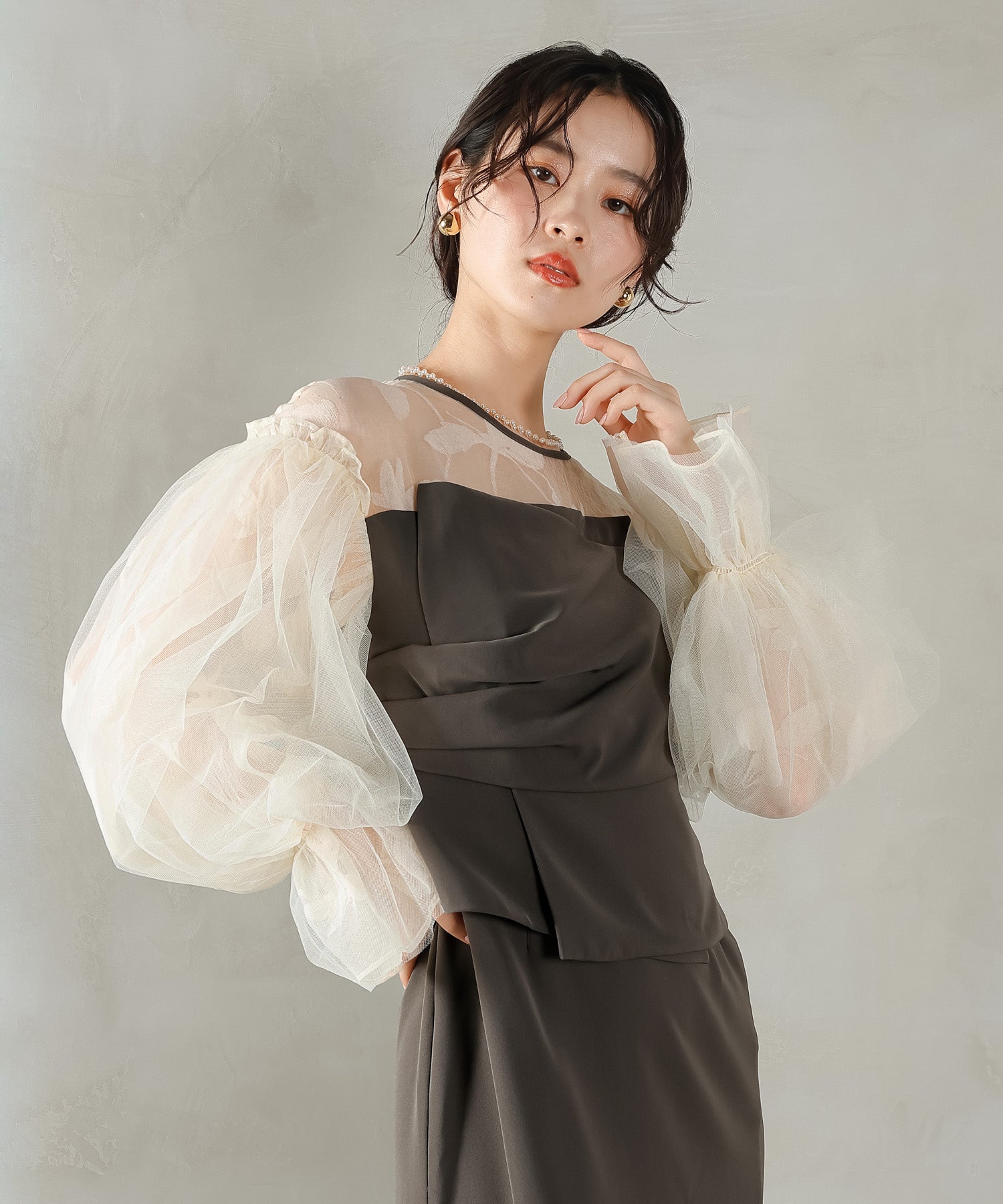オーガンジー×チュール ボリューム袖 花柄 ビスチェ ドレス