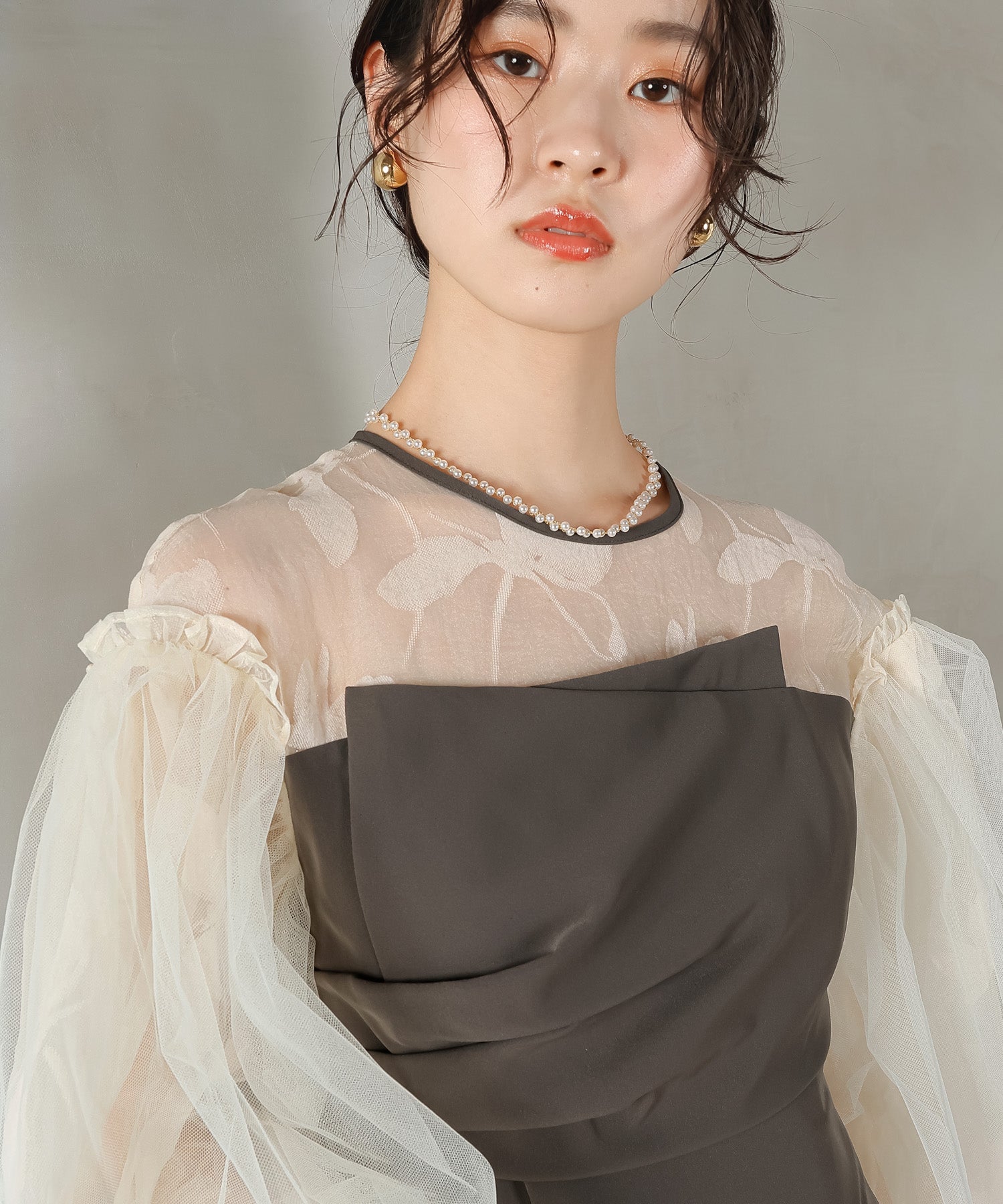 オーガンジー×チュール ボリューム袖 花柄 ビスチェ ドレス