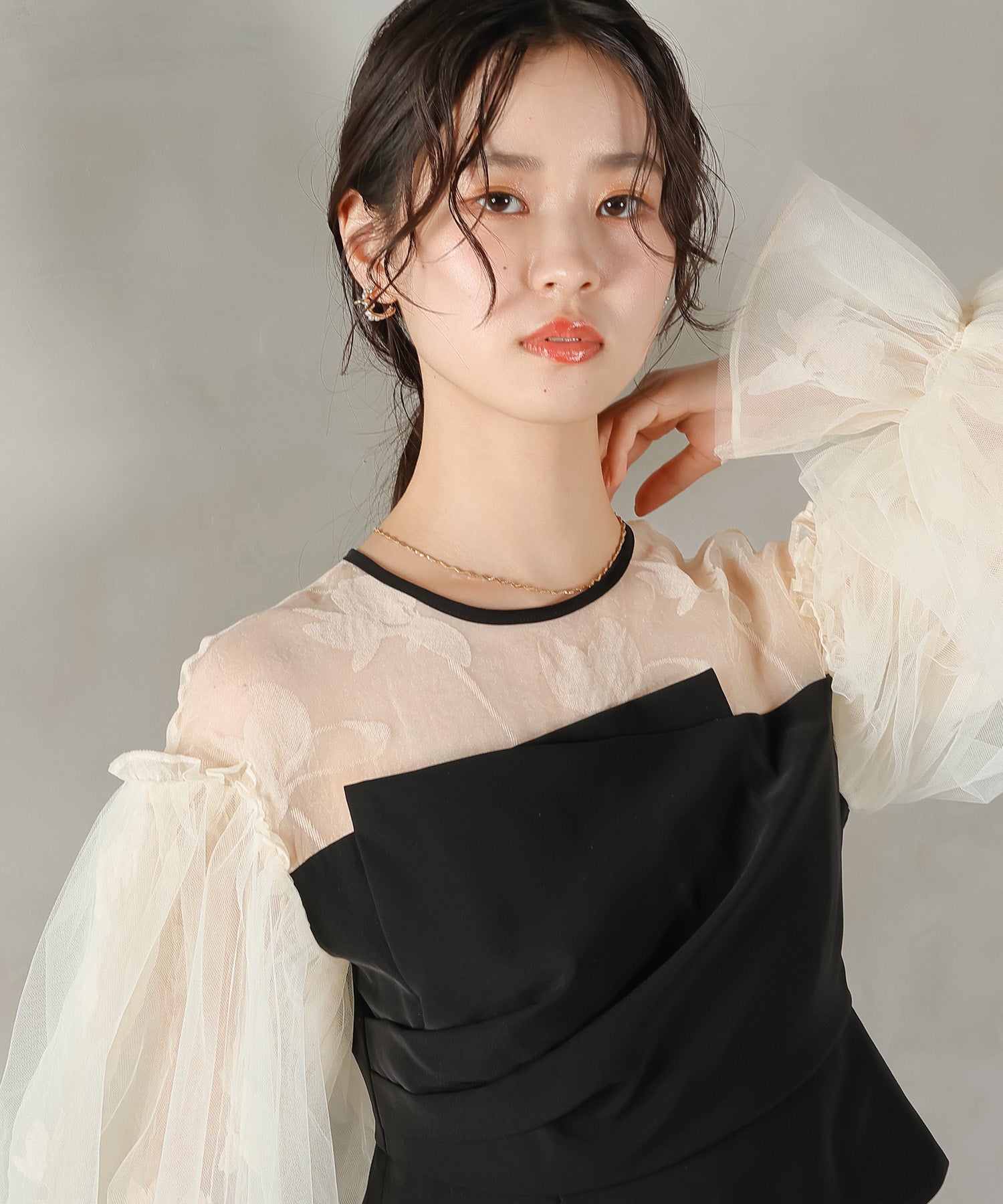 オーガンジー×チュール ボリューム袖 花柄 ビスチェ ドレス