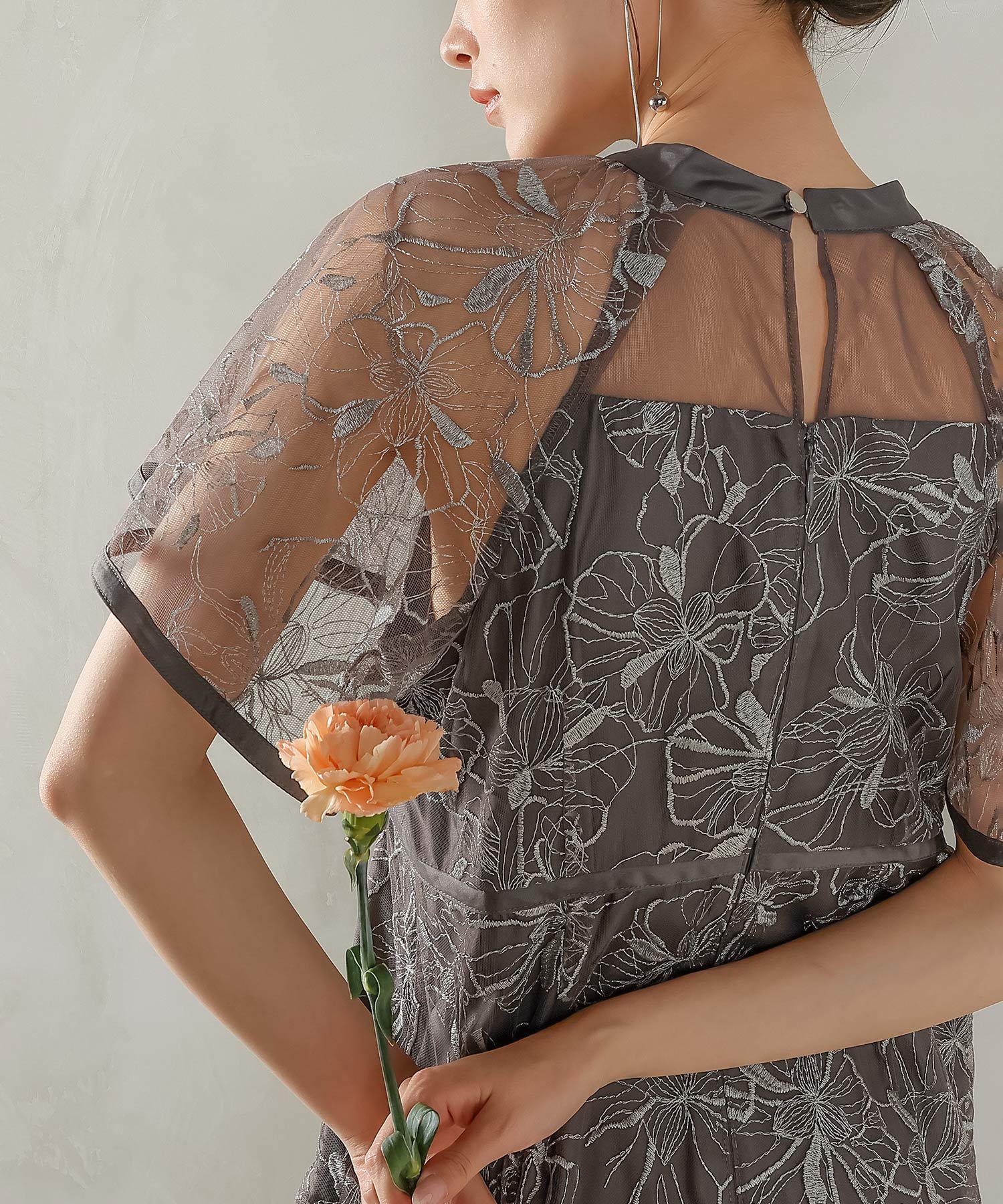 フレアスリーブ 花柄刺繍レース パーティー ドレス