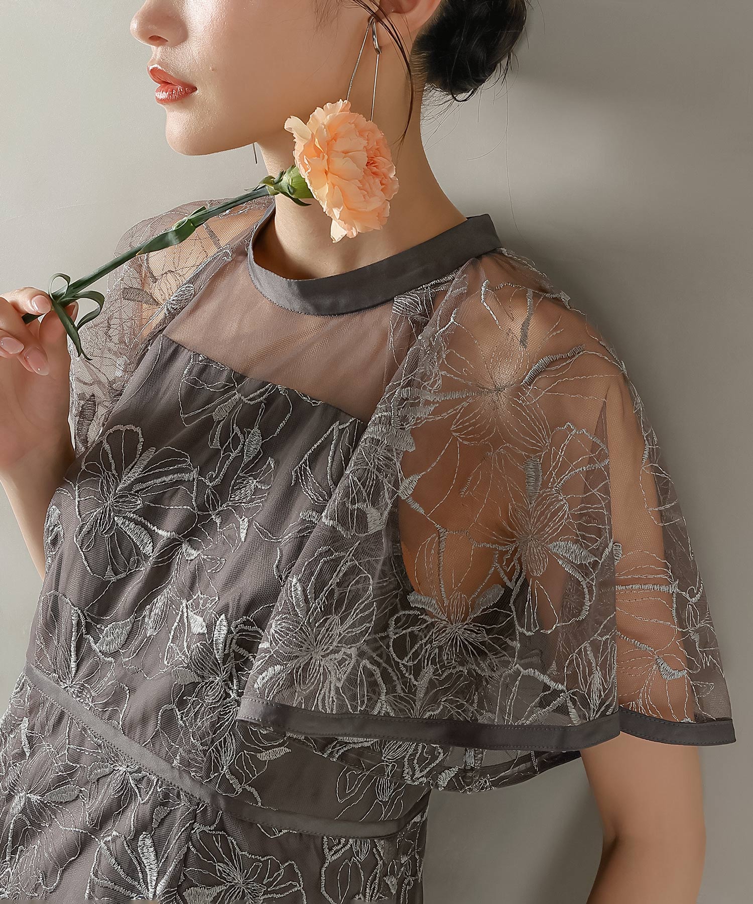 フレアスリーブ 花柄刺繍レース パーティー ドレス