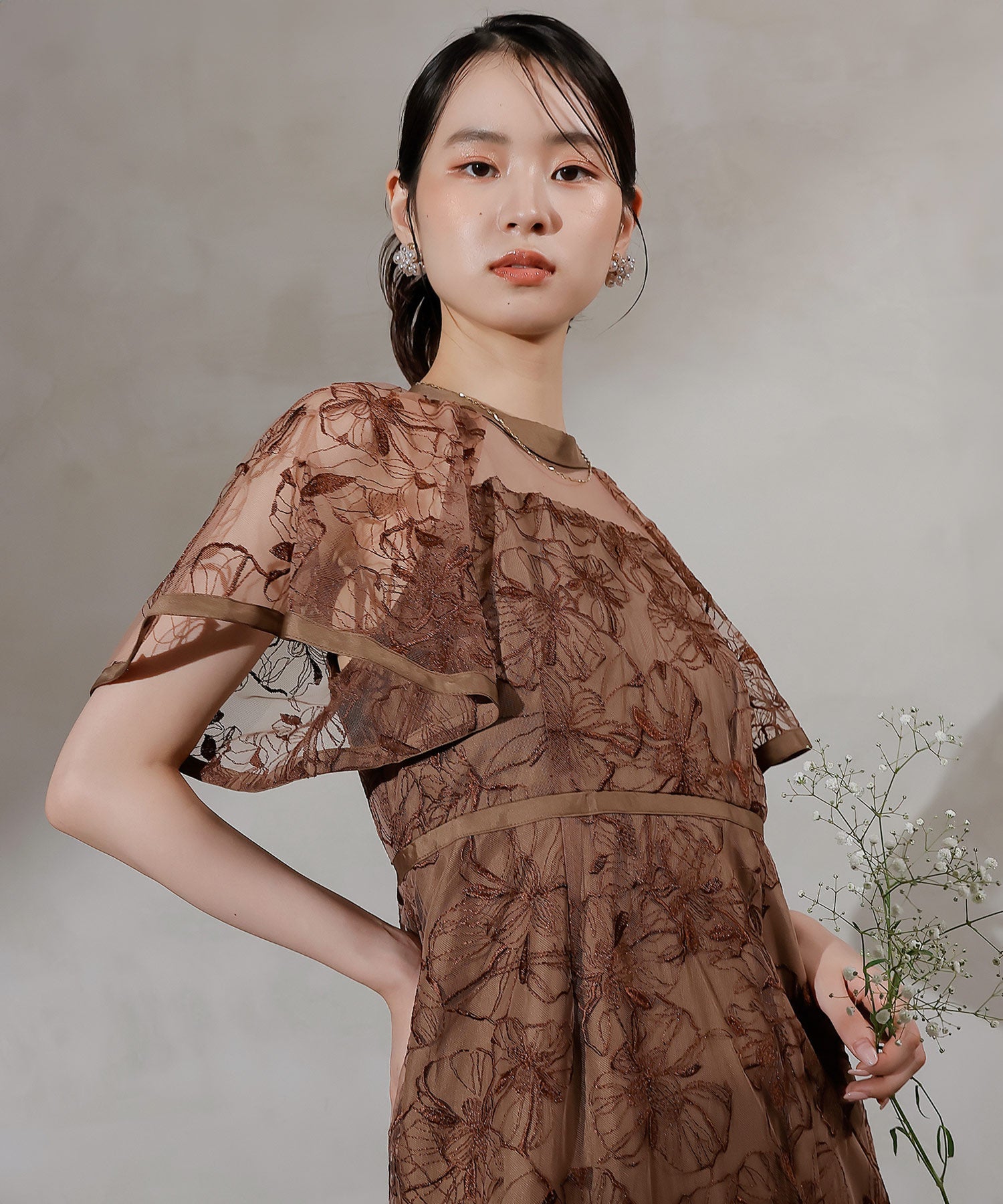 フレアスリーブ 花柄刺繍レース パーティー ドレス