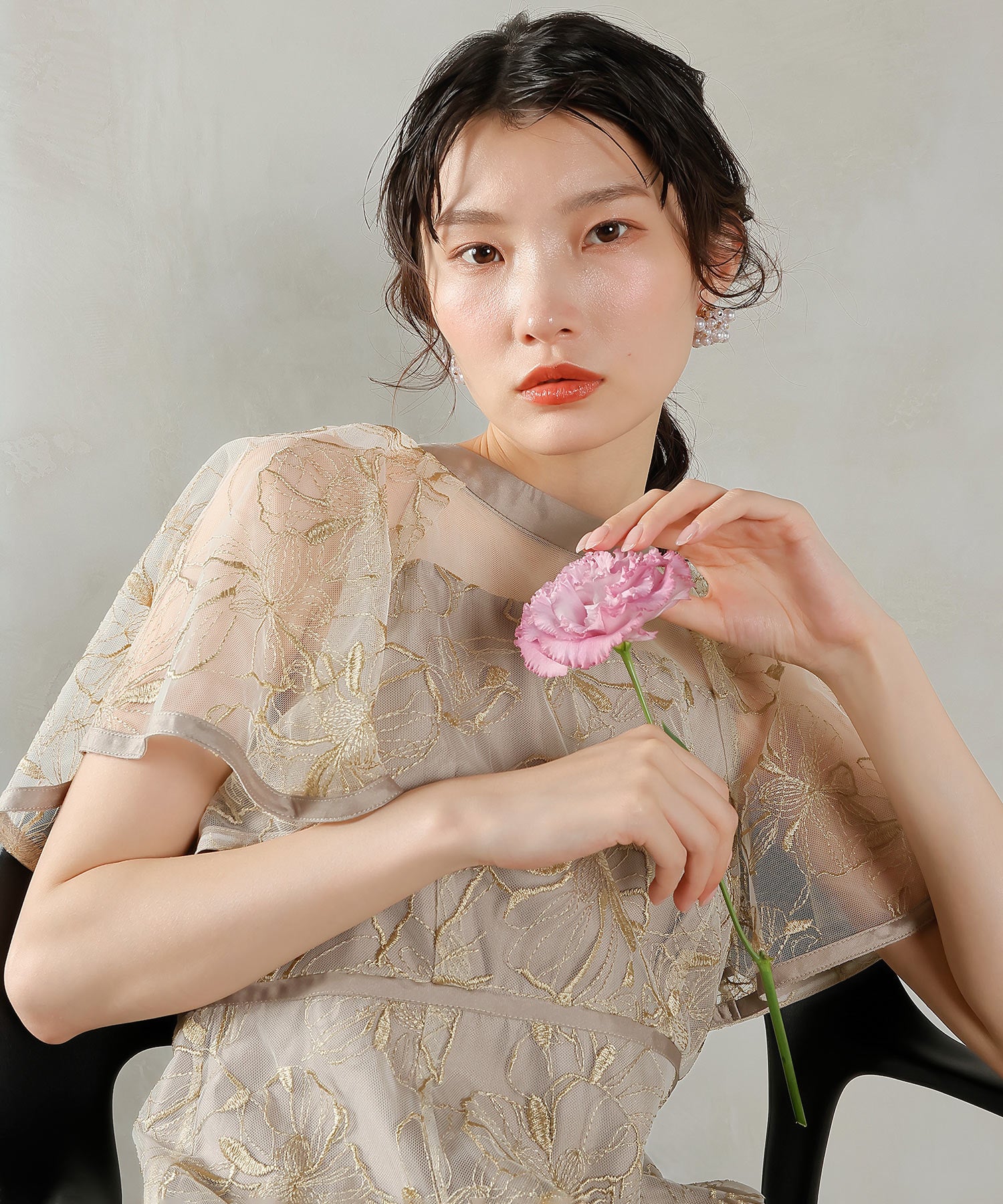 フレアスリーブ 花柄刺繍レース パーティー ドレス