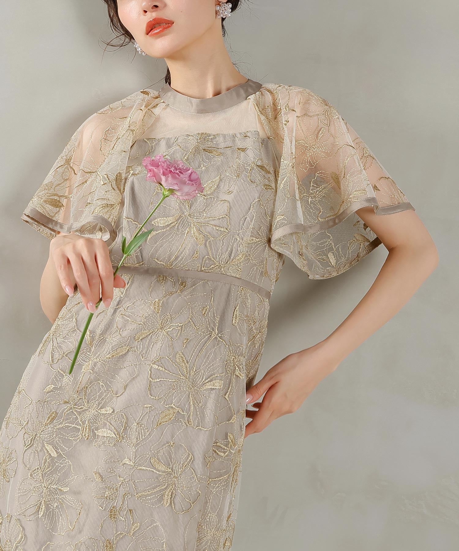 フレアスリーブ 花柄刺繍レース パーティー ドレス