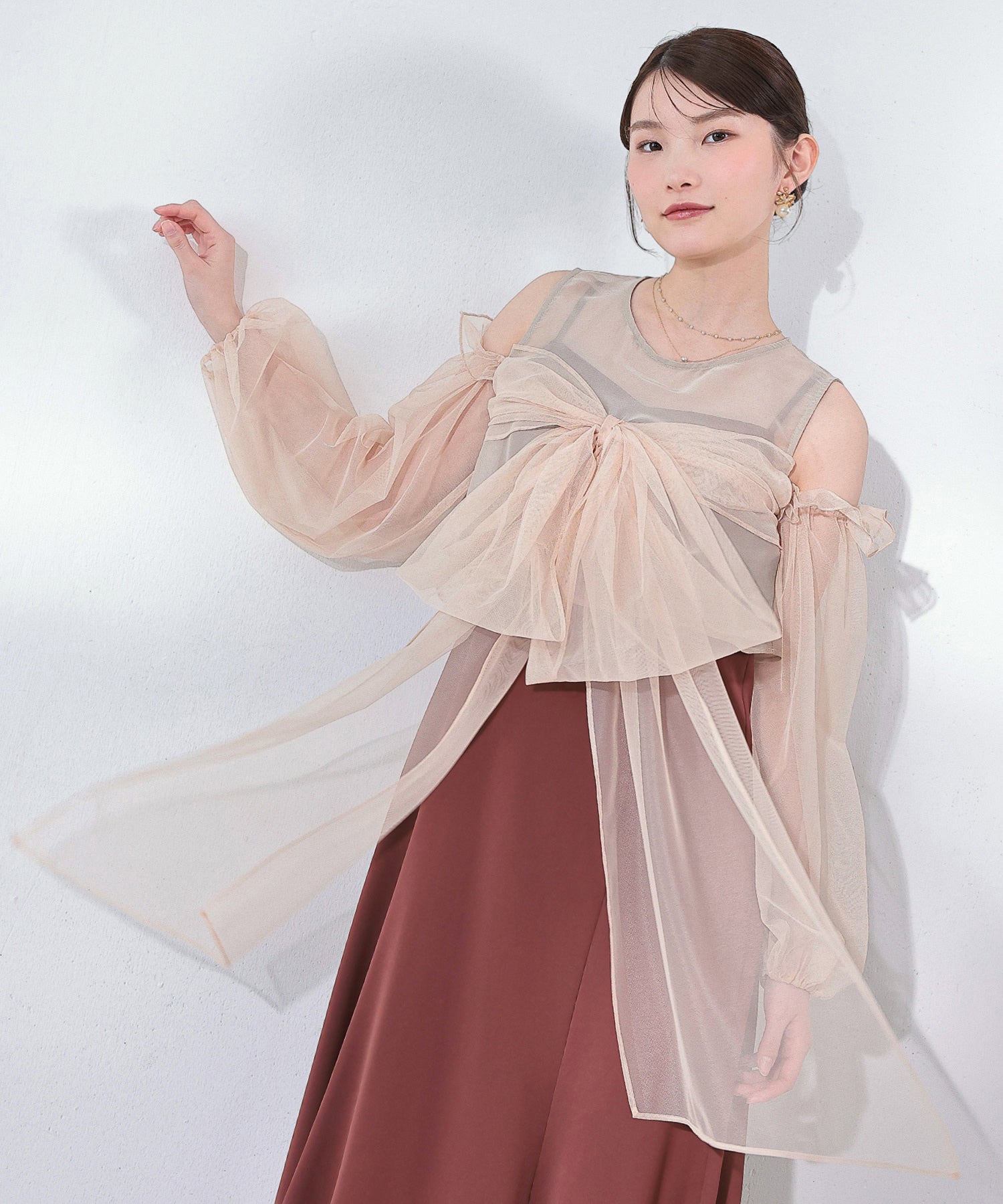 リボン チュール トップス Aライン ワンピース ドレス 2点セット