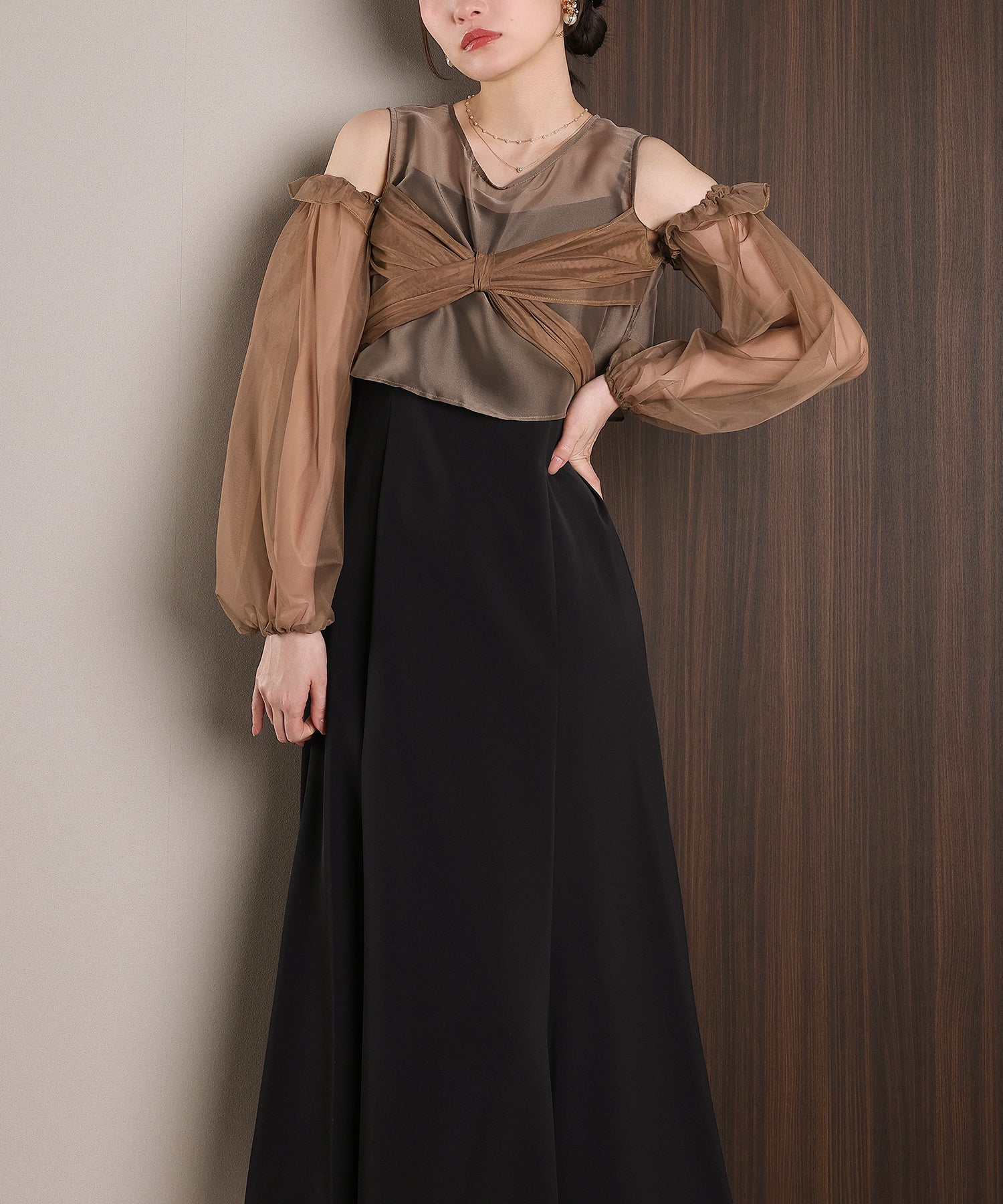 リボン チュール トップス Aライン ワンピース ドレス 2点セット