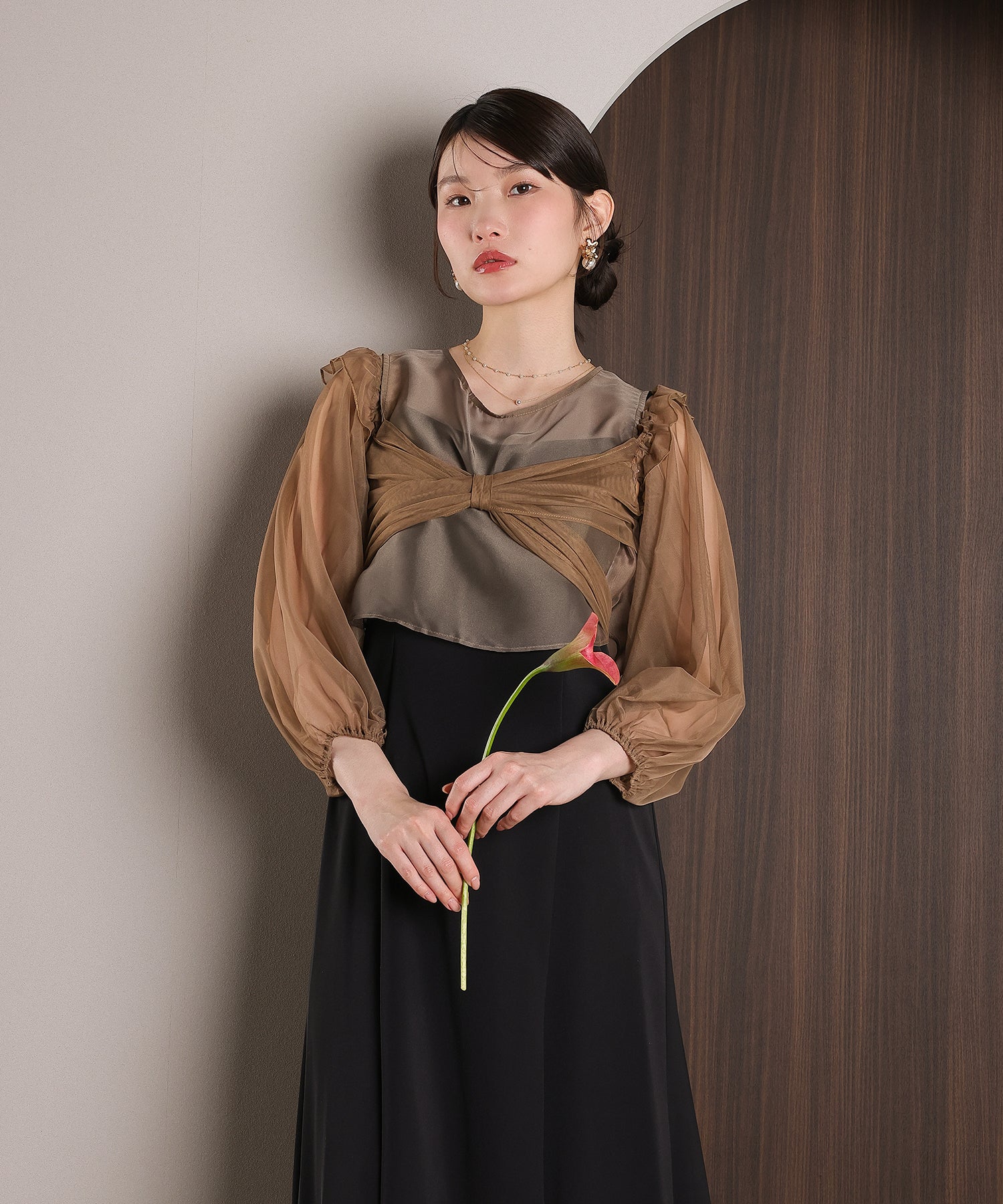 リボン チュール トップス Aライン ワンピース ドレス 2点セット