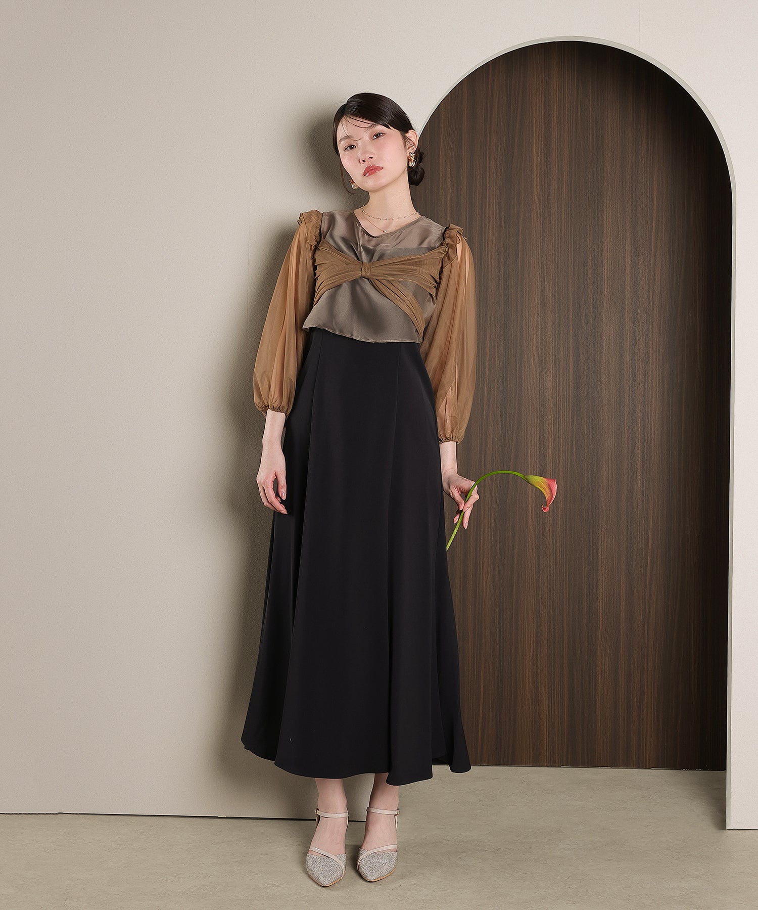 リボン チュール トップス Aライン ワンピース ドレス 2点セット