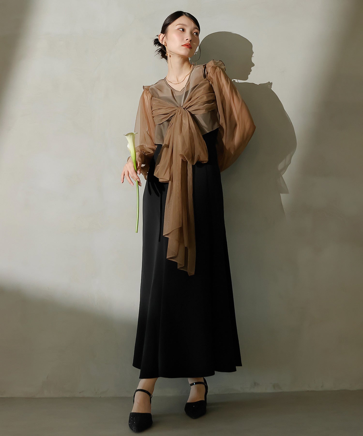 リボン チュール トップス Aライン ワンピース ドレス 2点セット