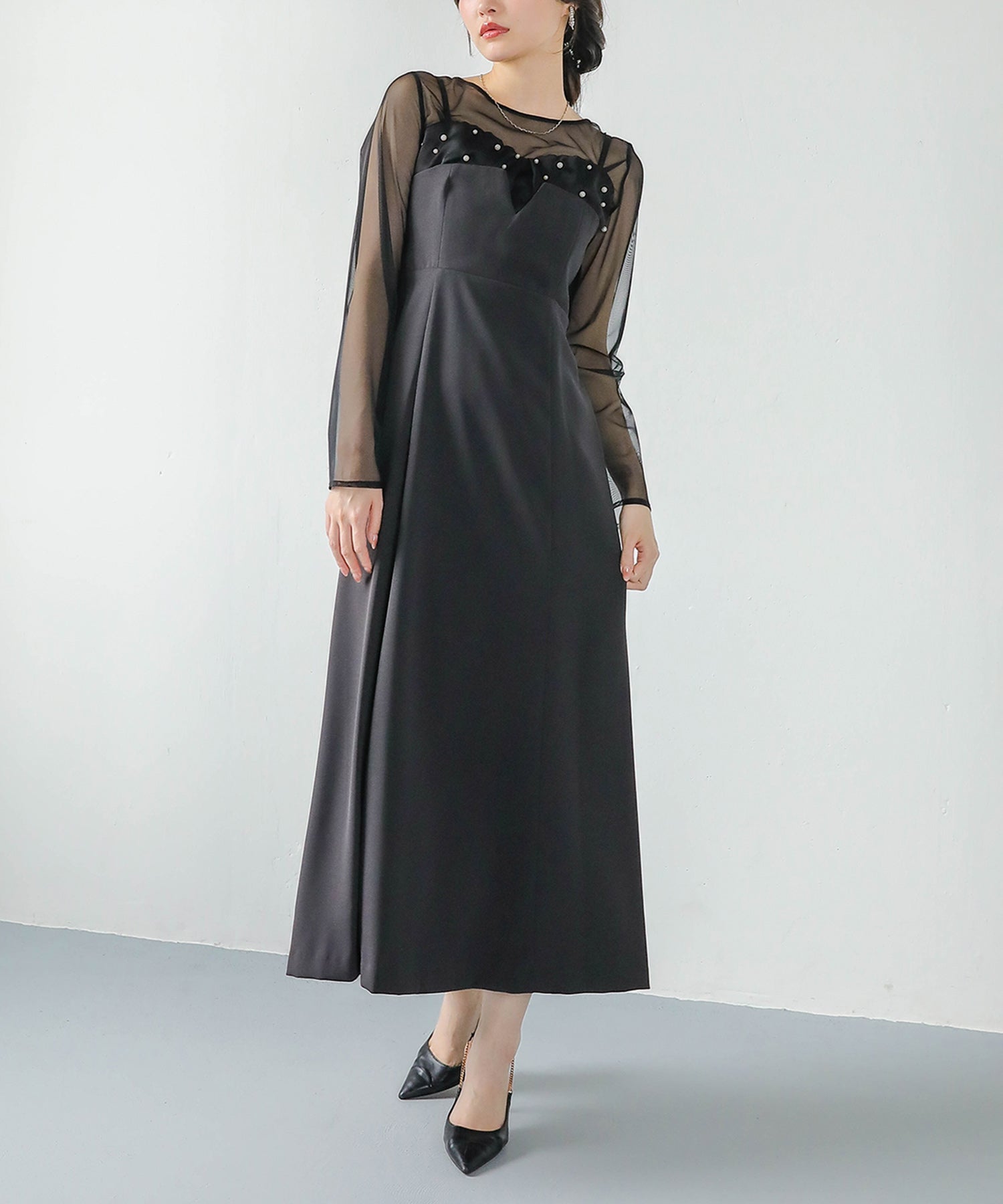 チュールトップス フリル パール キャミワンピース 2点セット パーティー ドレス