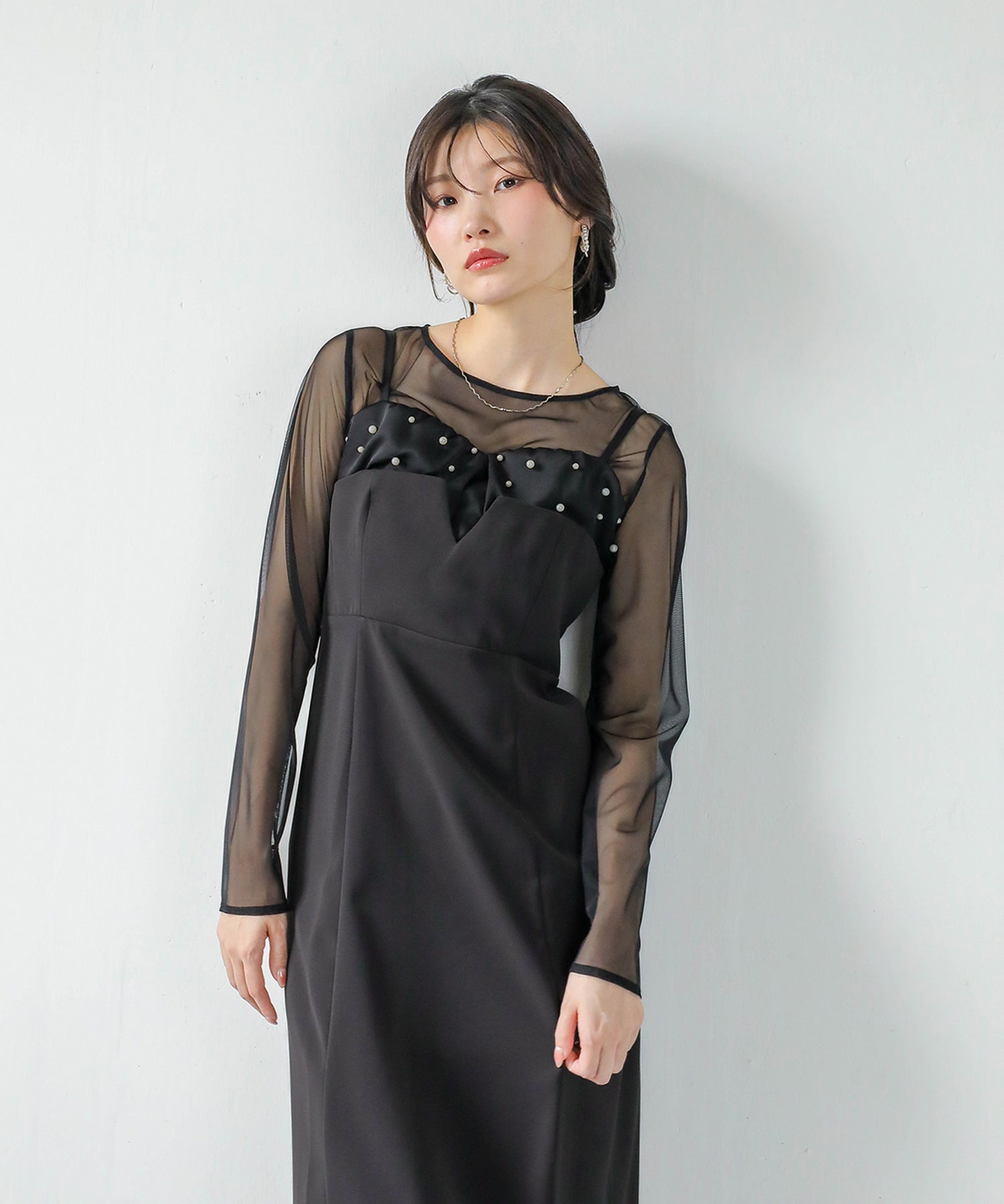 チュールトップス フリル パール キャミワンピース 2点セット パーティー ドレス