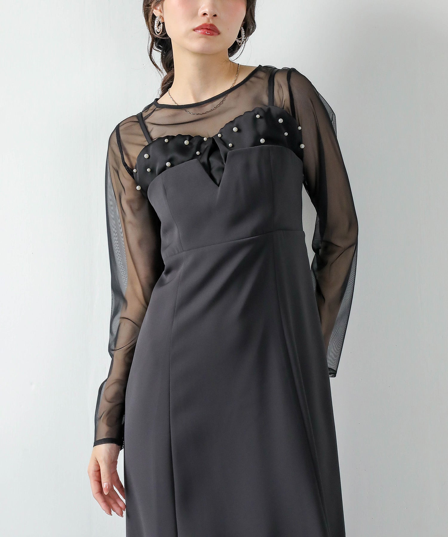 チュールトップス フリル パール キャミワンピース 2点セット パーティー ドレス