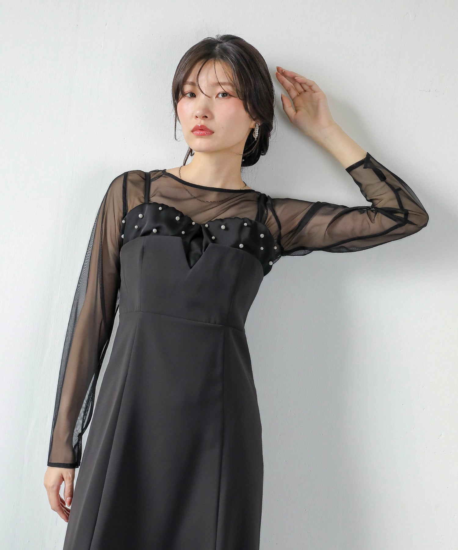 チュールトップス フリル パール キャミワンピース 2点セット パーティー ドレス