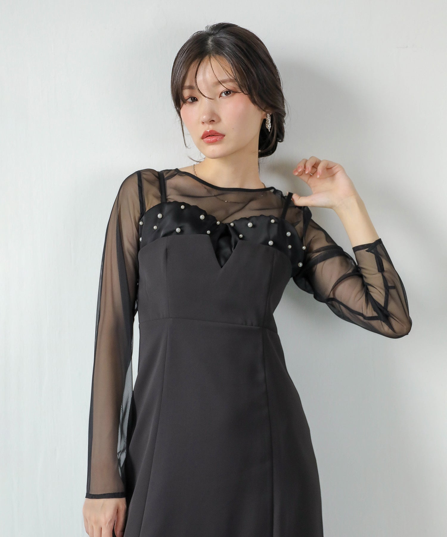 チュールトップス フリル パール キャミワンピース 2点セット パーティー ドレス