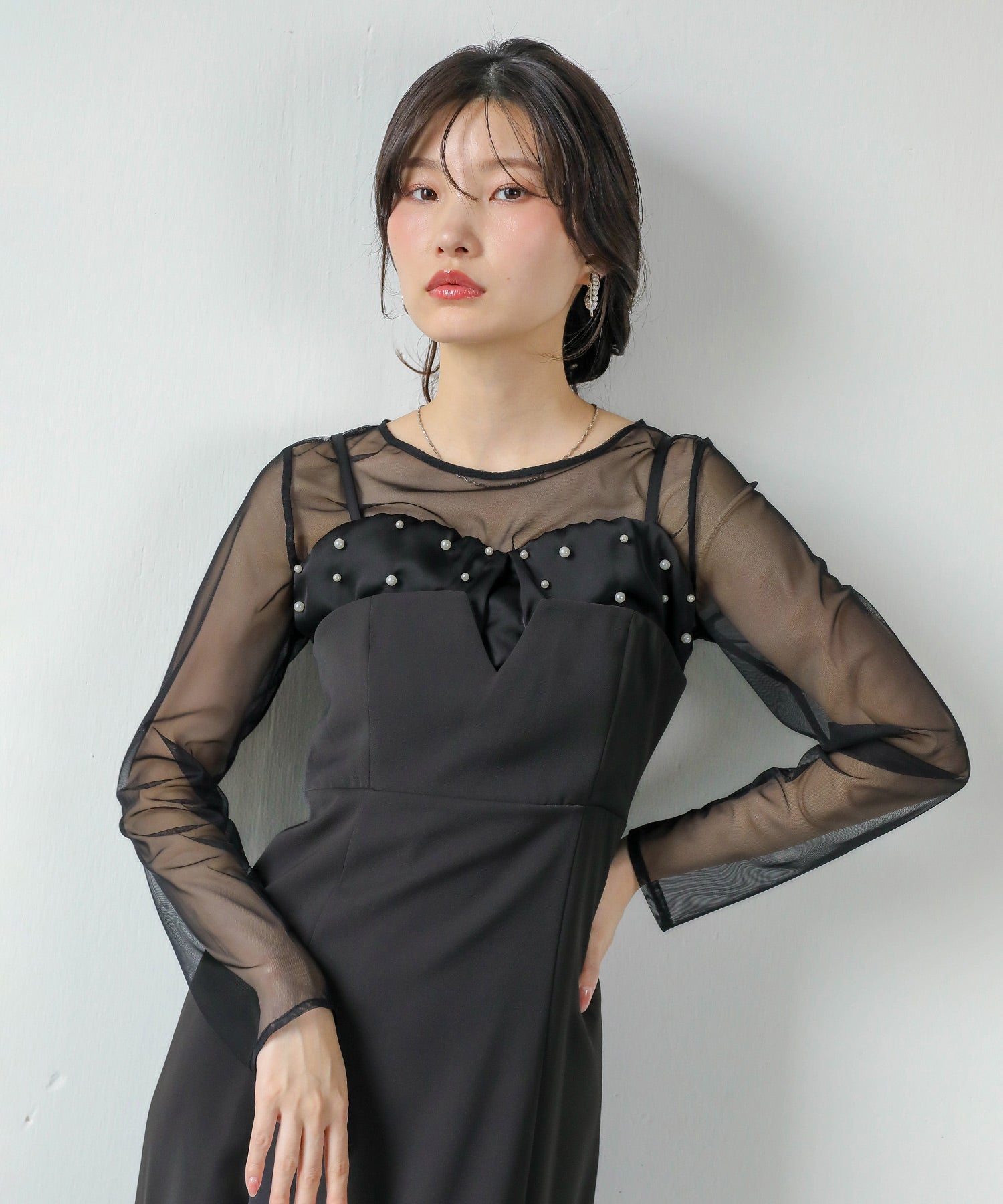 チュールトップス フリル パール キャミワンピース 2点セット パーティー ドレス