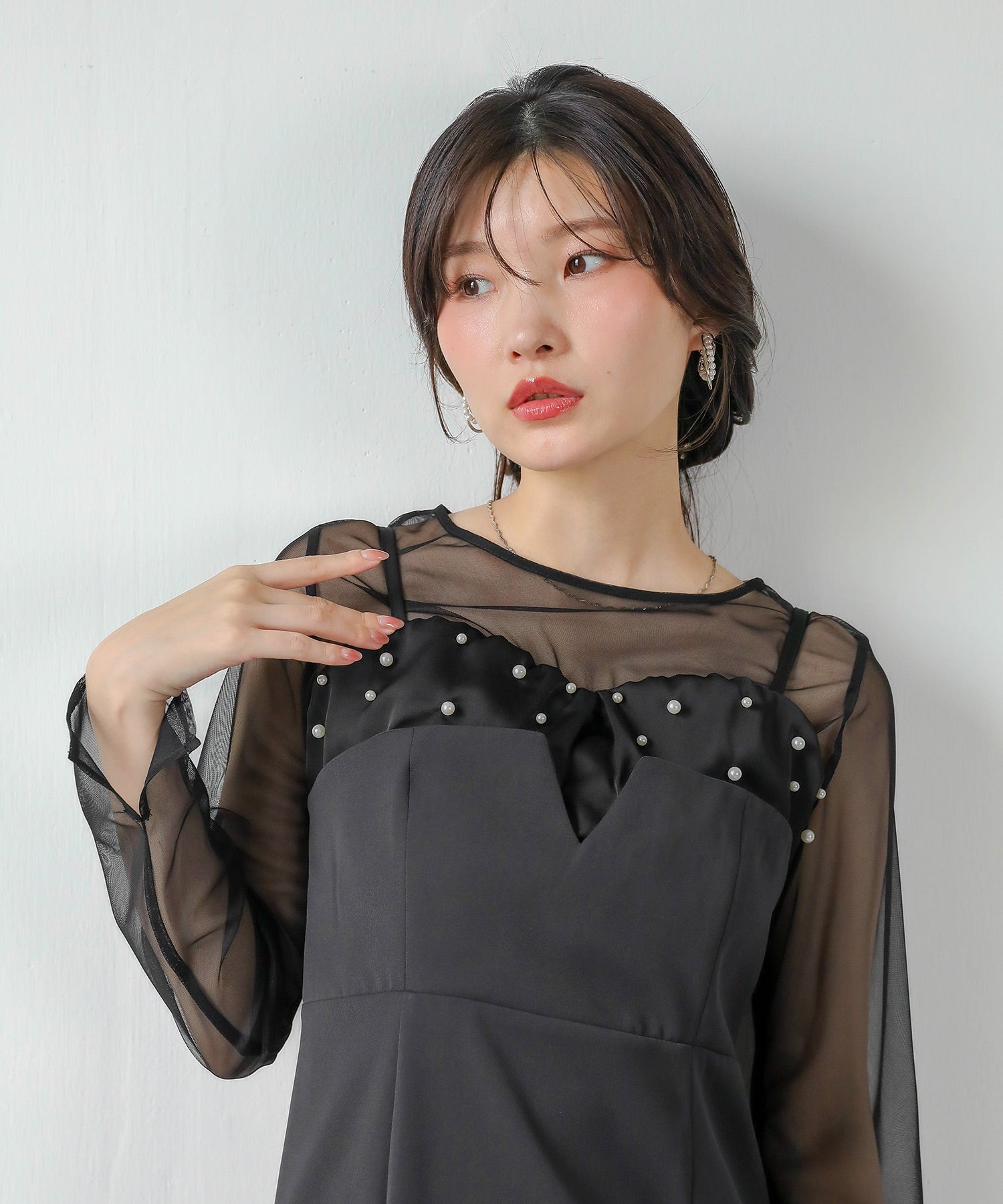 チュールトップス フリル パール キャミワンピース 2点セット パーティー ドレス