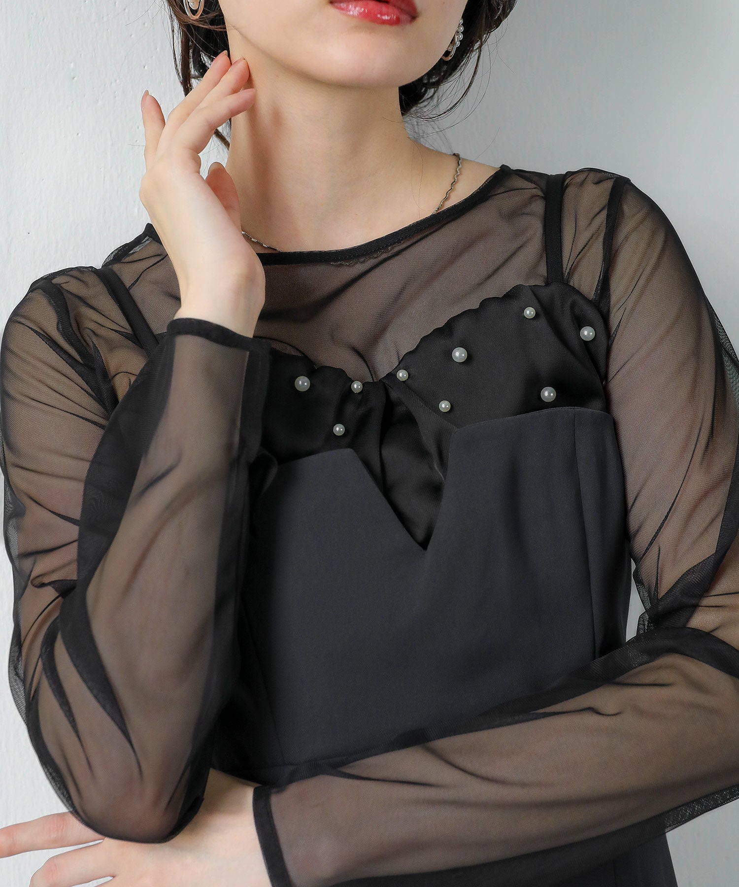 チュールトップス フリル パール キャミワンピース 2点セット パーティー ドレス