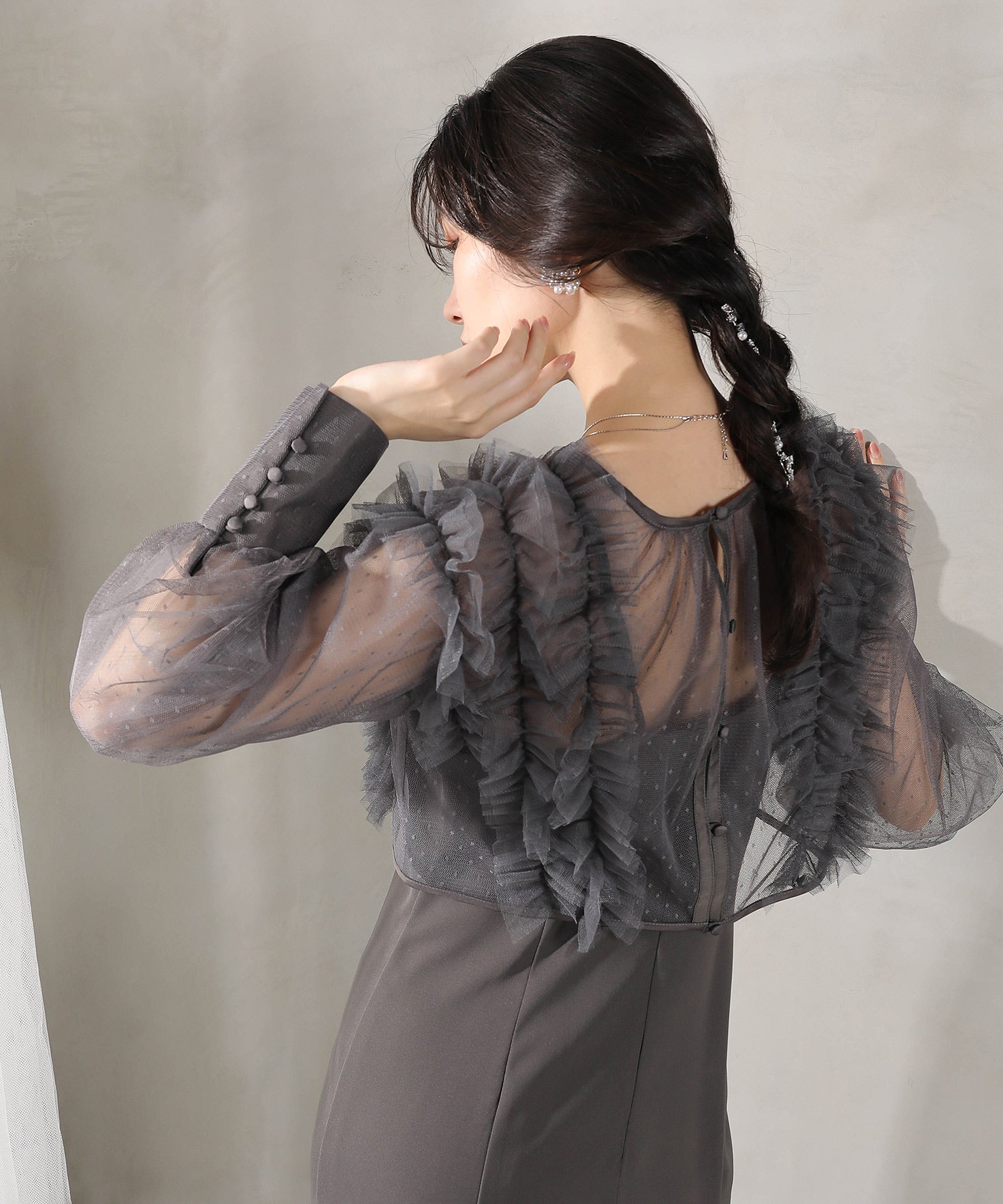 ドットチュールフリルトップス ダブルストラップキャミワンピ 2点セット パーティー ドレス