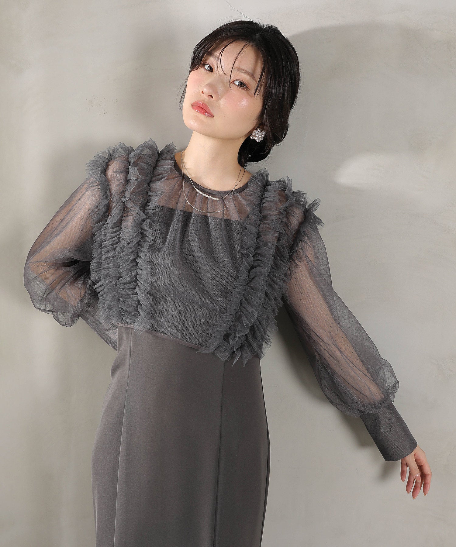 ドットチュールフリルトップス ダブルストラップキャミワンピ 2点セット パーティー ドレス