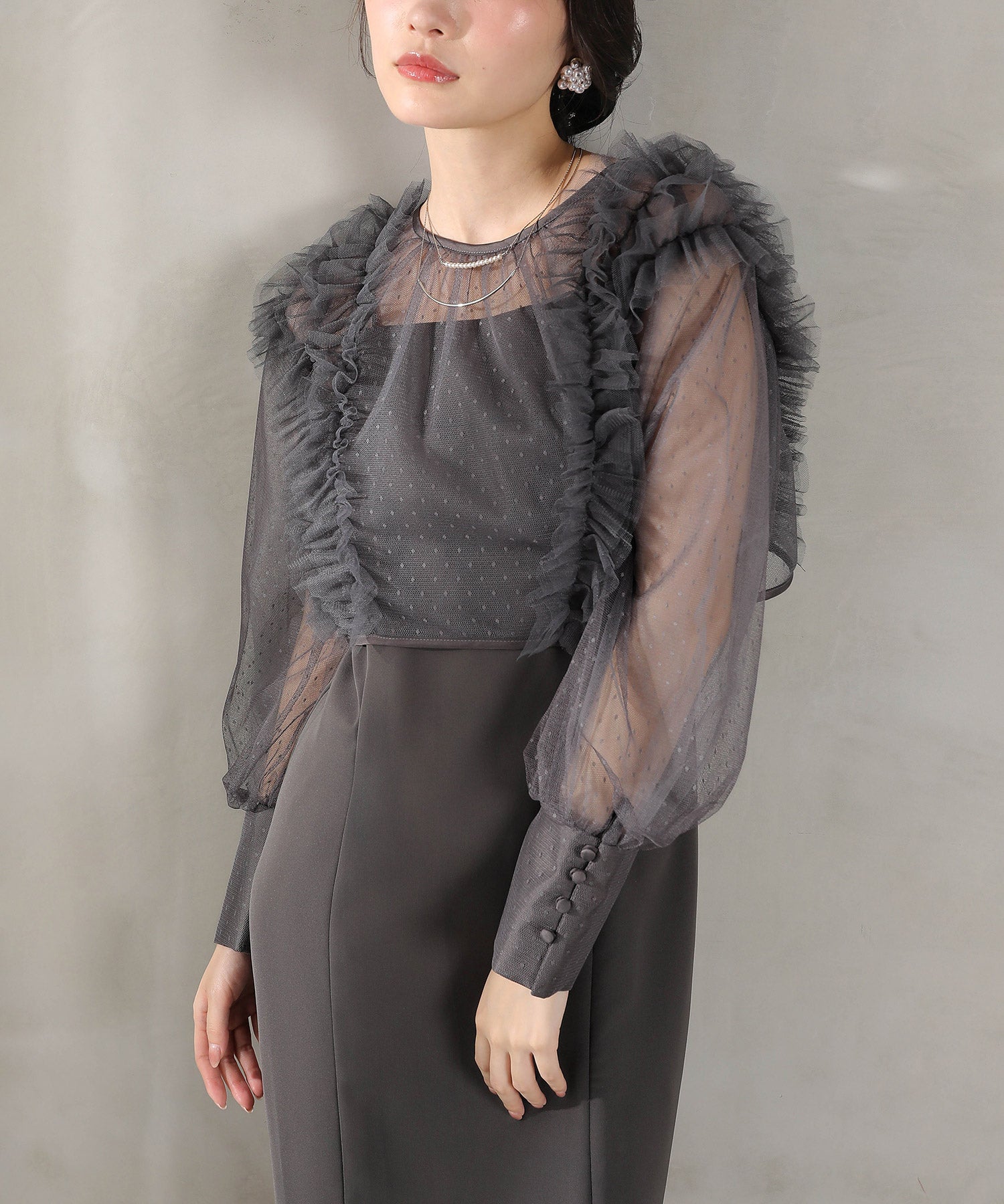 ドットチュールフリルトップス ダブルストラップキャミワンピ 2点セット パーティー ドレス