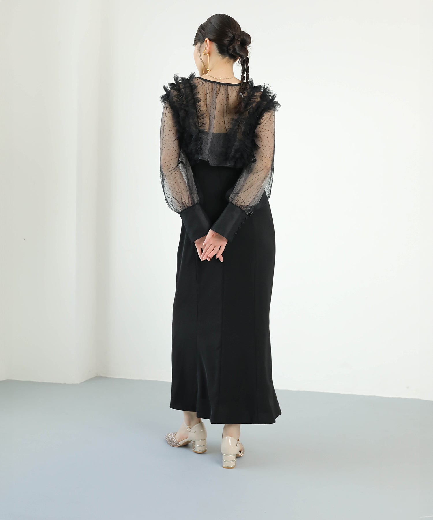 ドットチュールフリルトップス ダブルストラップキャミワンピ 2点セット パーティー ドレス