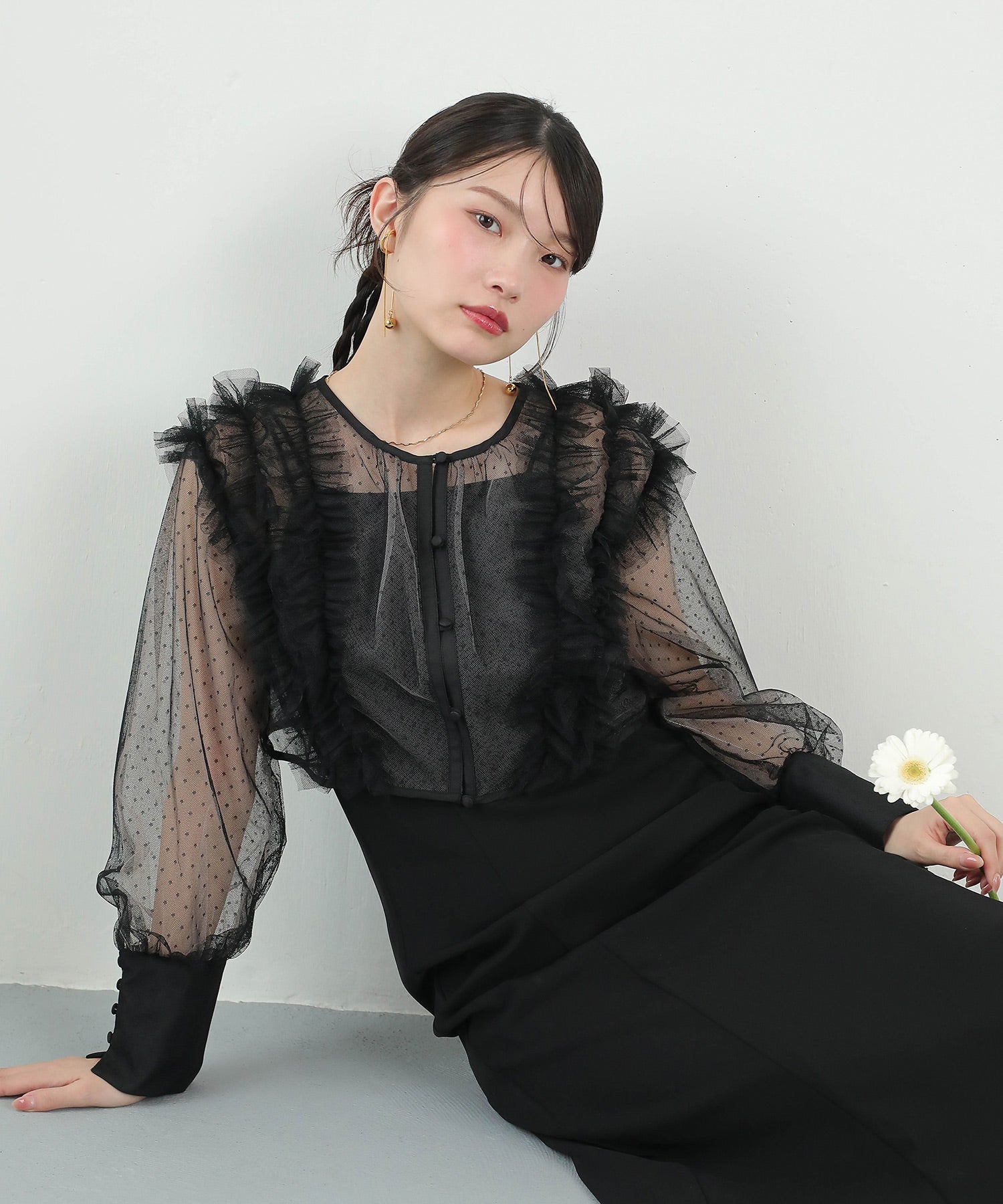 ドットチュールフリルトップス ダブルストラップキャミワンピ 2点セット パーティー ドレス