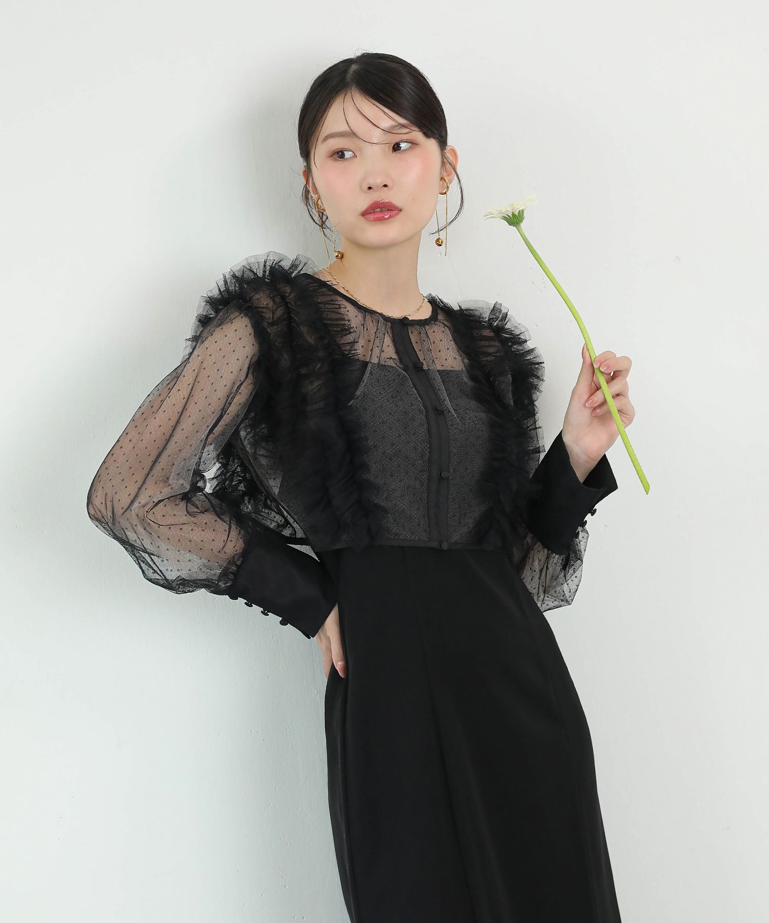 ドットチュールフリルトップス ダブルストラップキャミワンピ 2点セット パーティー ドレス