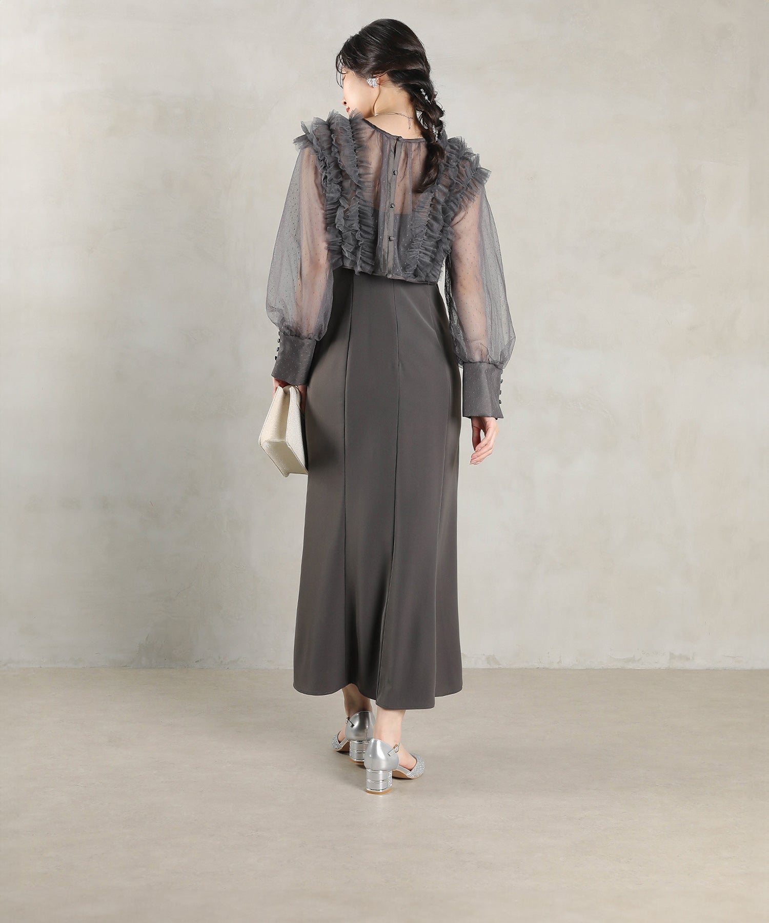 ドットチュールフリルトップス ダブルストラップキャミワンピ 2点セット パーティー ドレス