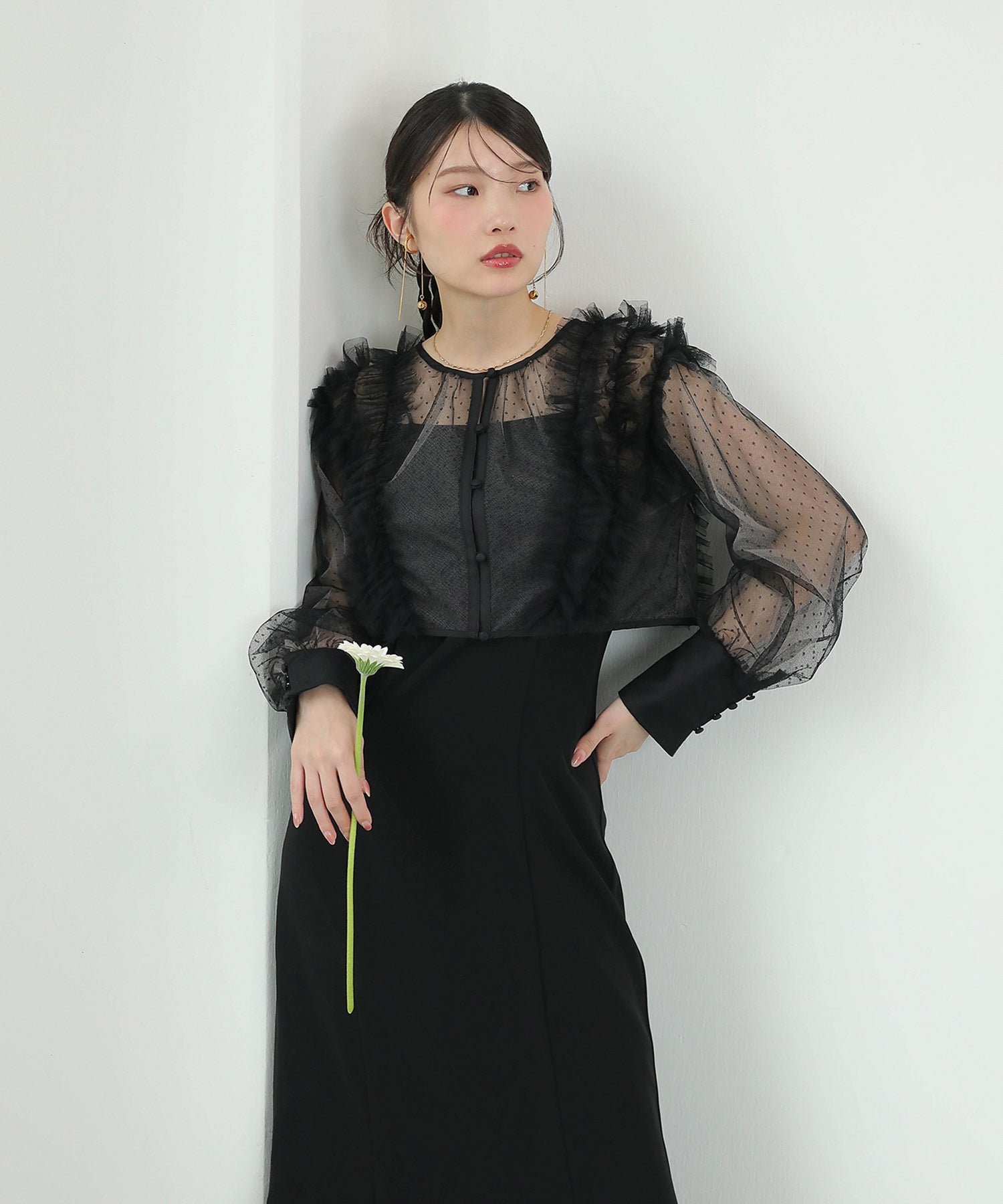 ドットチュールフリルトップス ダブルストラップキャミワンピ 2点セット パーティー ドレス