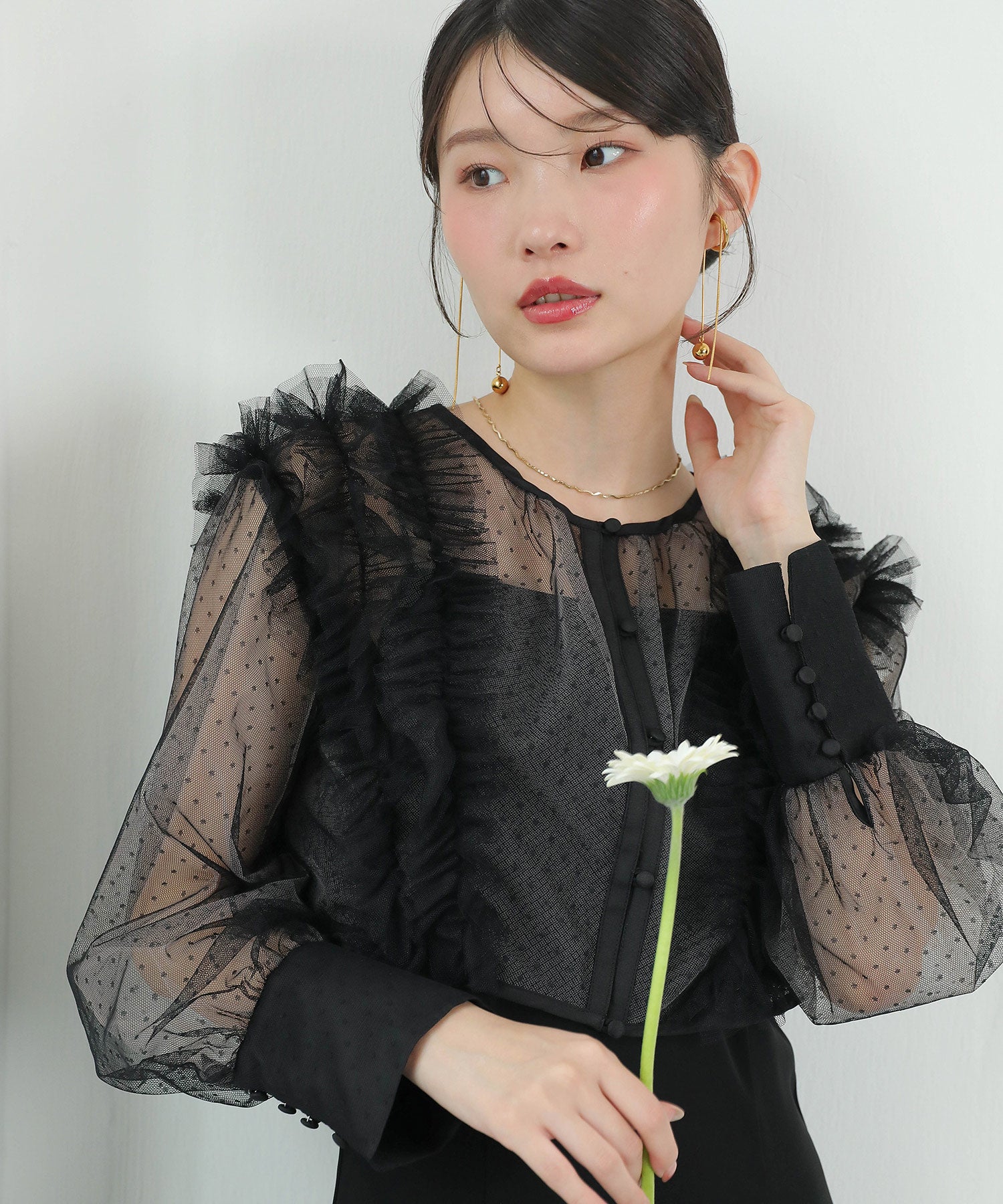 ドットチュールフリルトップス ダブルストラップキャミワンピ 2点セット パーティー ドレス