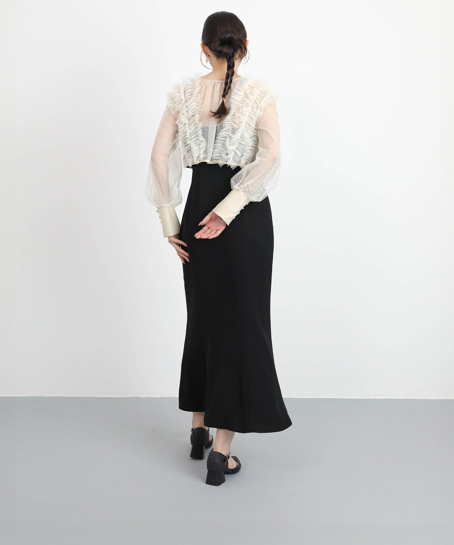 ドットチュールフリルトップス ダブルストラップキャミワンピ 2点セット パーティー ドレス