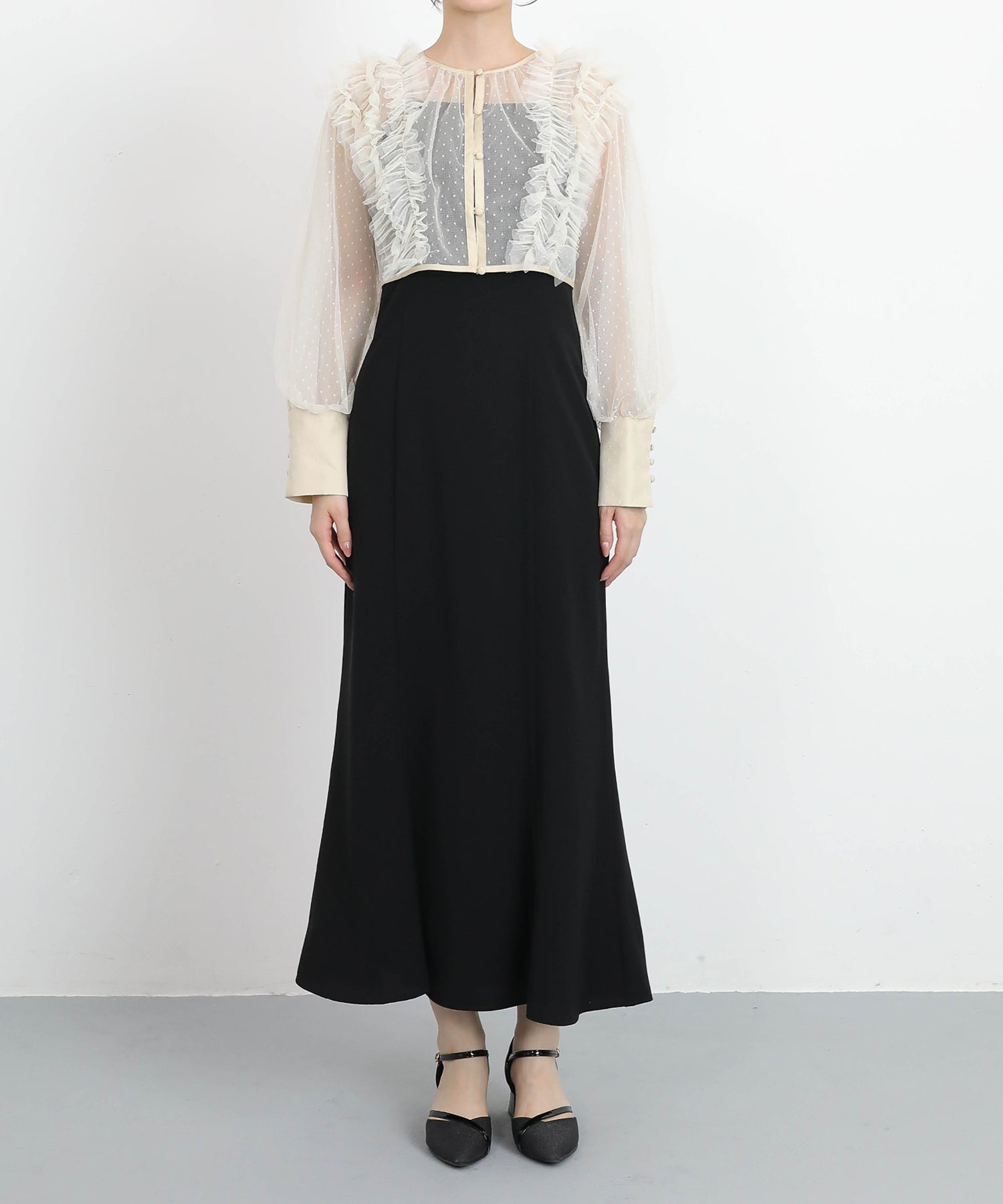 ドットチュールフリルトップス ダブルストラップキャミワンピ 2点セット パーティー ドレス