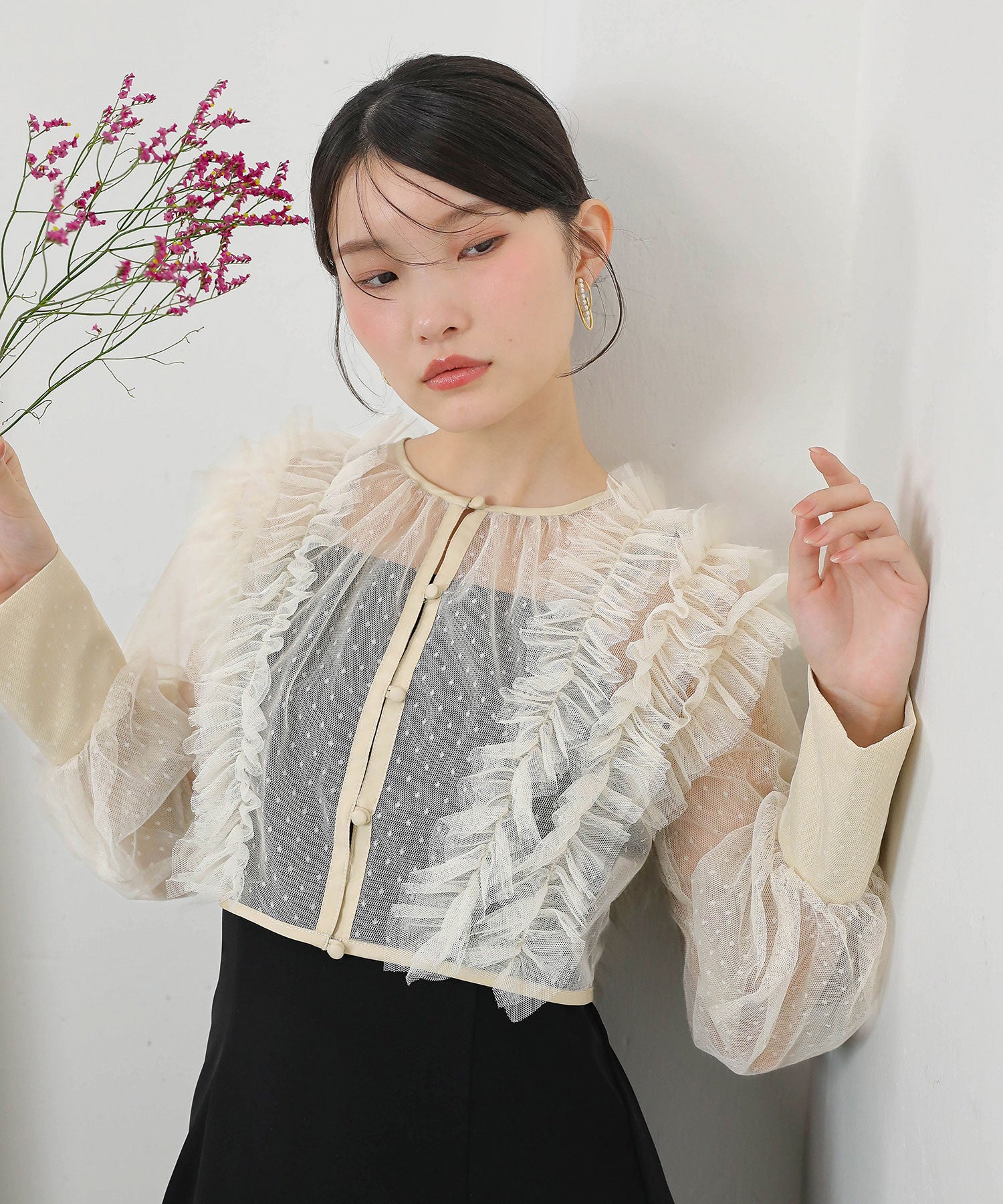 ドットチュールフリルトップス ダブルストラップキャミワンピ 2点セット パーティー ドレス