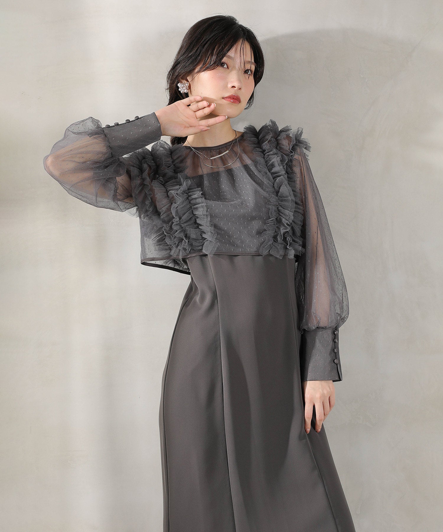 ドットチュールフリルトップス ダブルストラップキャミワンピ 2点セット パーティー ドレス