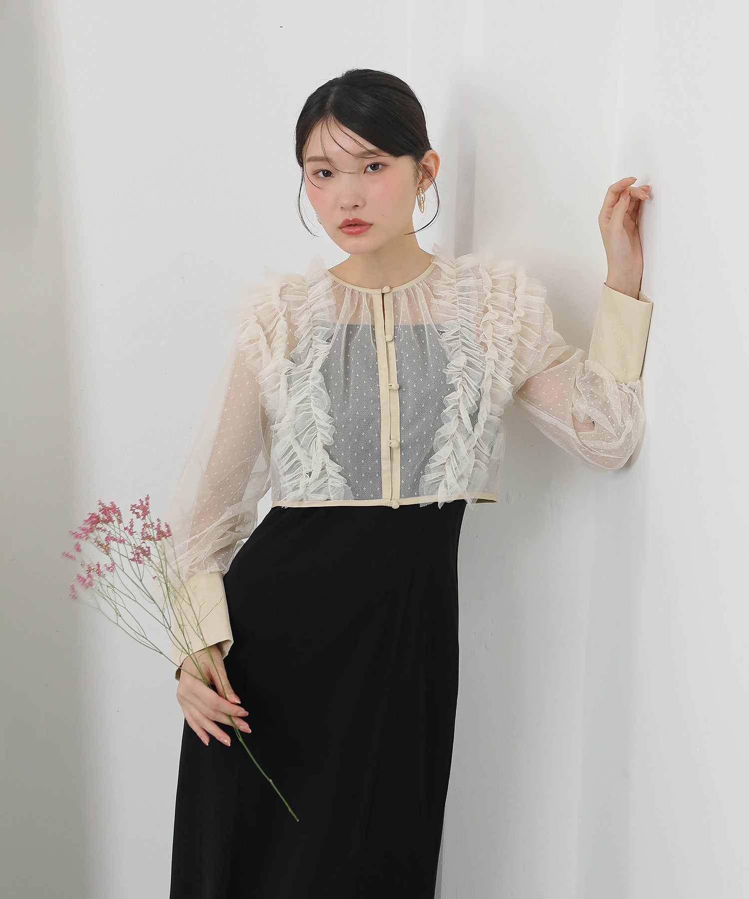 ドットチュールフリルトップス ダブルストラップキャミワンピ 2点セット パーティー ドレス