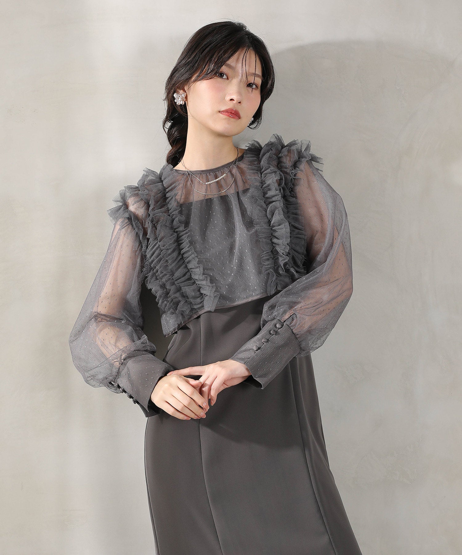 ドットチュールフリルトップス ダブルストラップキャミワンピ 2点セット パーティー ドレス