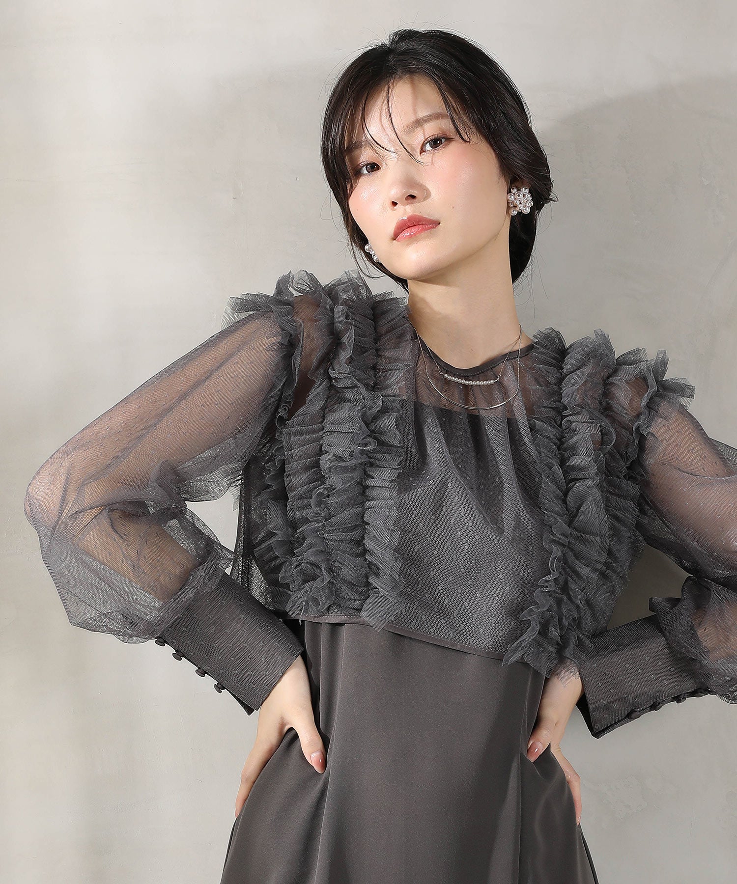 ドットチュールフリルトップス ダブルストラップキャミワンピ 2点セット パーティー ドレス