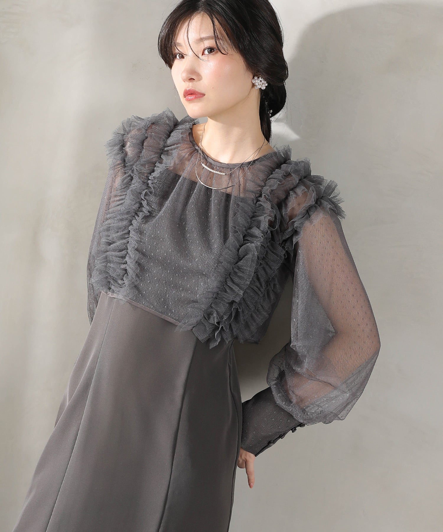 ドットチュールフリルトップス ダブルストラップキャミワンピ 2点セット パーティー ドレス