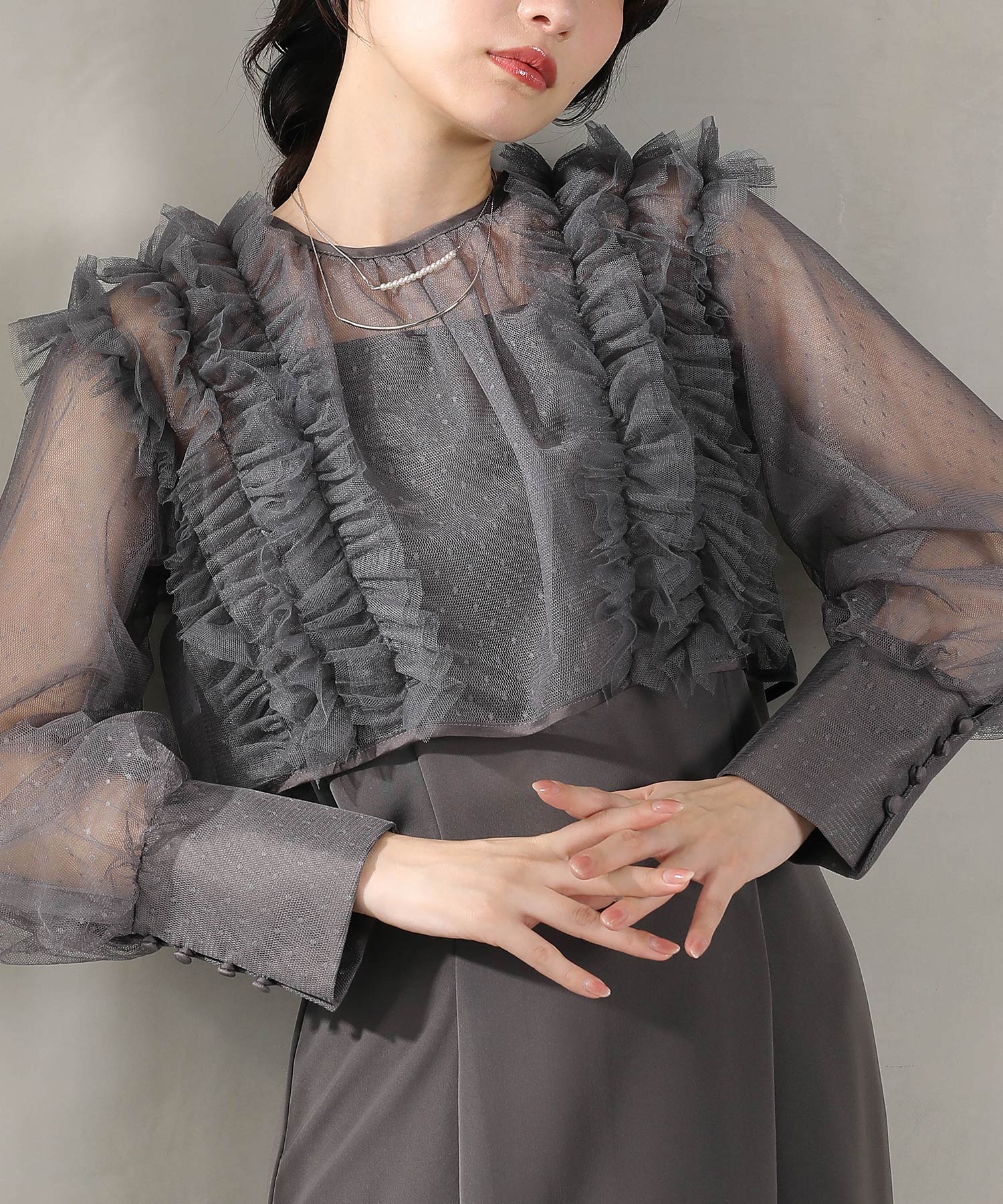 ドットチュールフリルトップス ダブルストラップキャミワンピ 2点セット パーティー ドレス