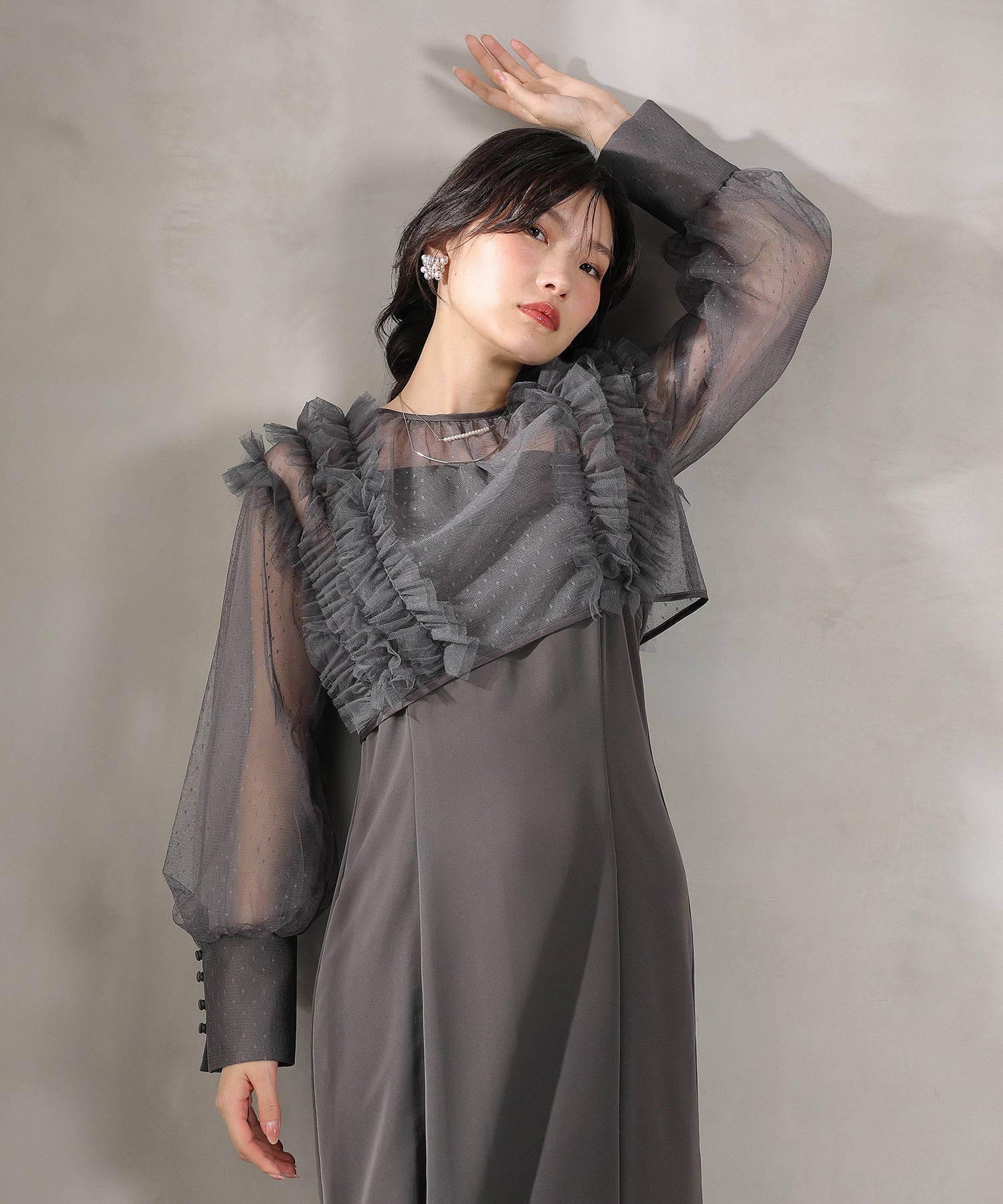 ドットチュールフリルトップス ダブルストラップキャミワンピ 2点セット パーティー ドレス