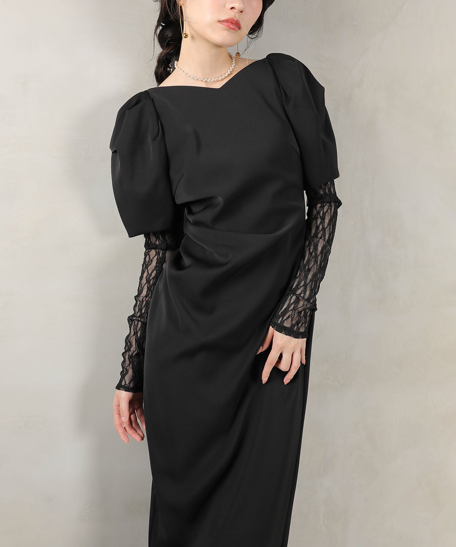 レースアームカバー付き ドレープ パフスリーブ Iライン ワンピースドレス