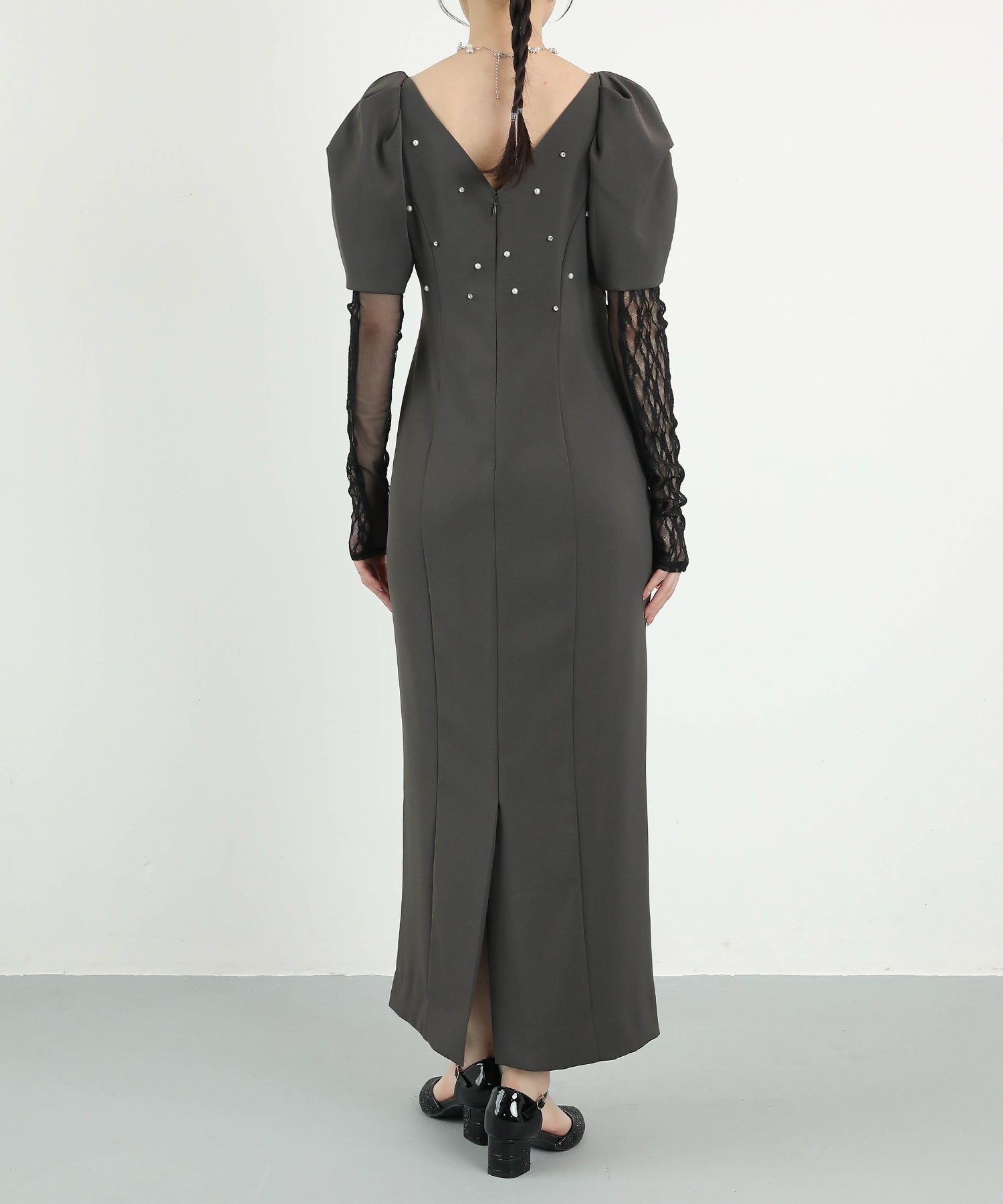 レースアームカバー付き ドレープ パフスリーブ Iライン ワンピースドレス