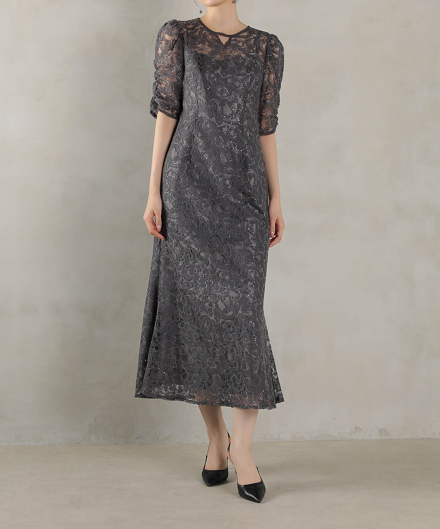 総レース スパンコール マーメイド ワンピース ドレス