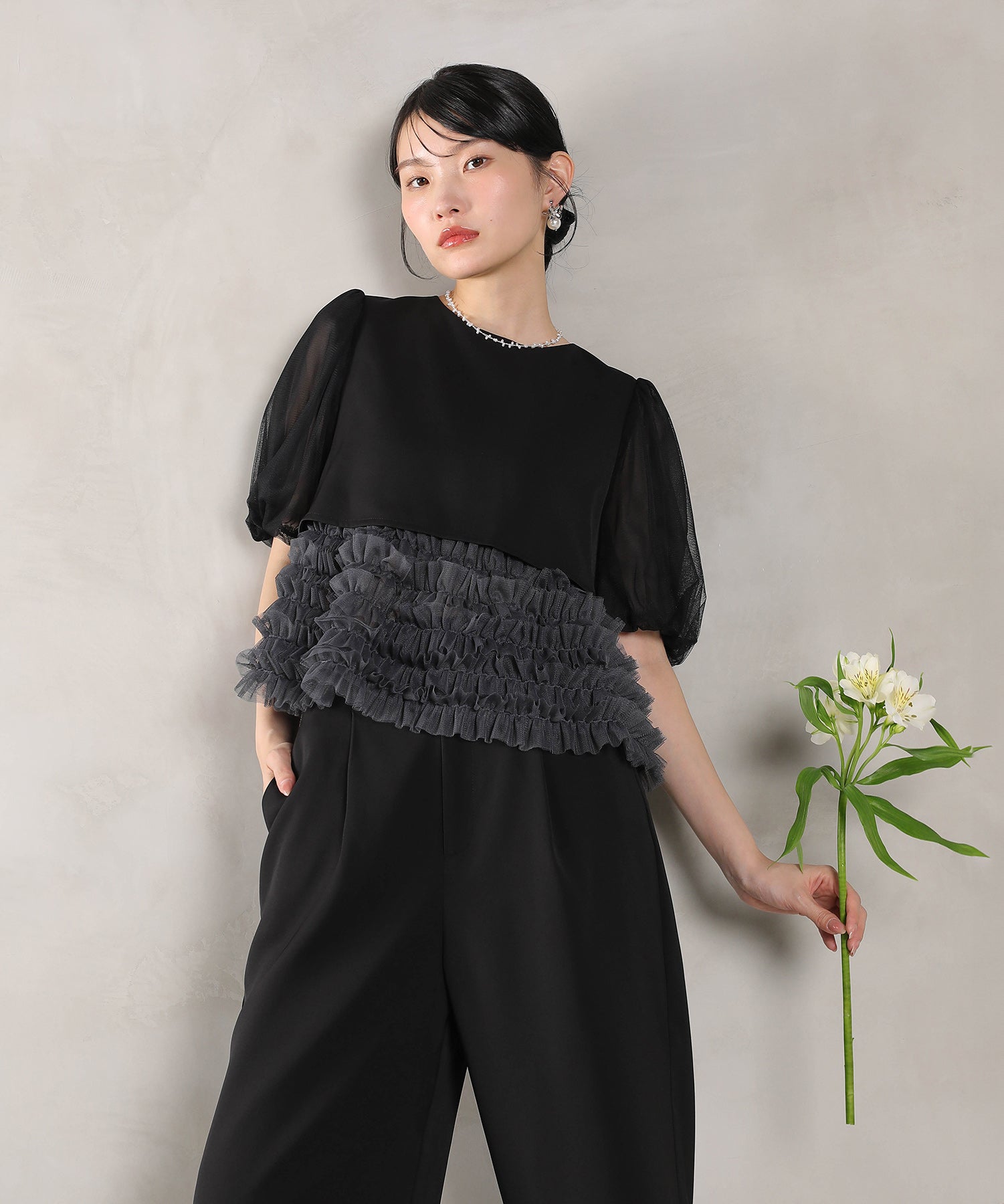 チュールフリルスリーブタックワイドパンツセットアップ