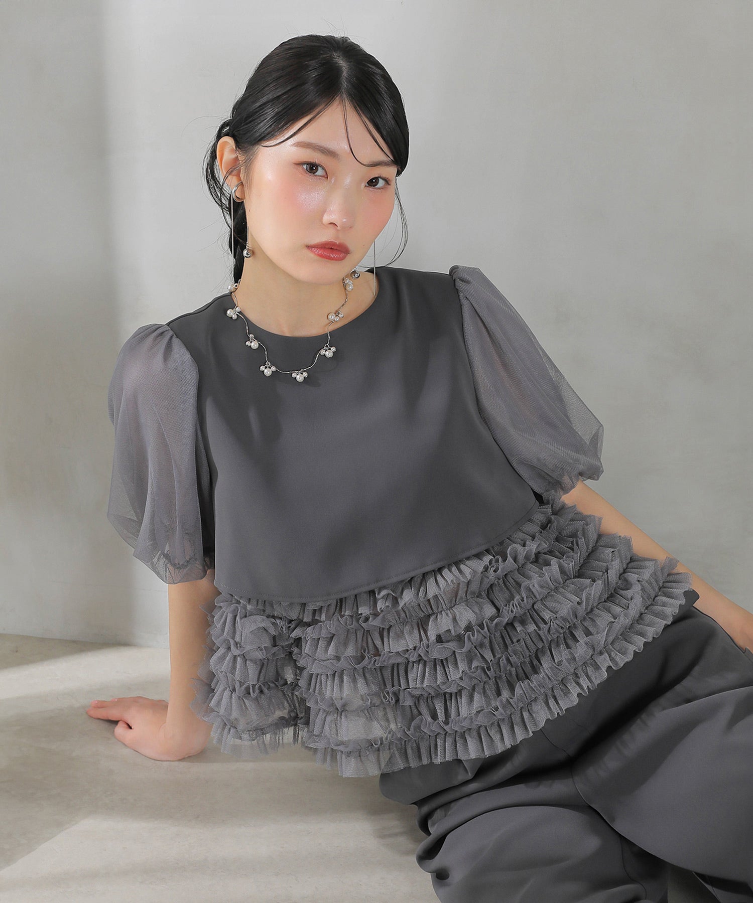 ボリュームチュールトップス ワイドパンツ セットアップ
