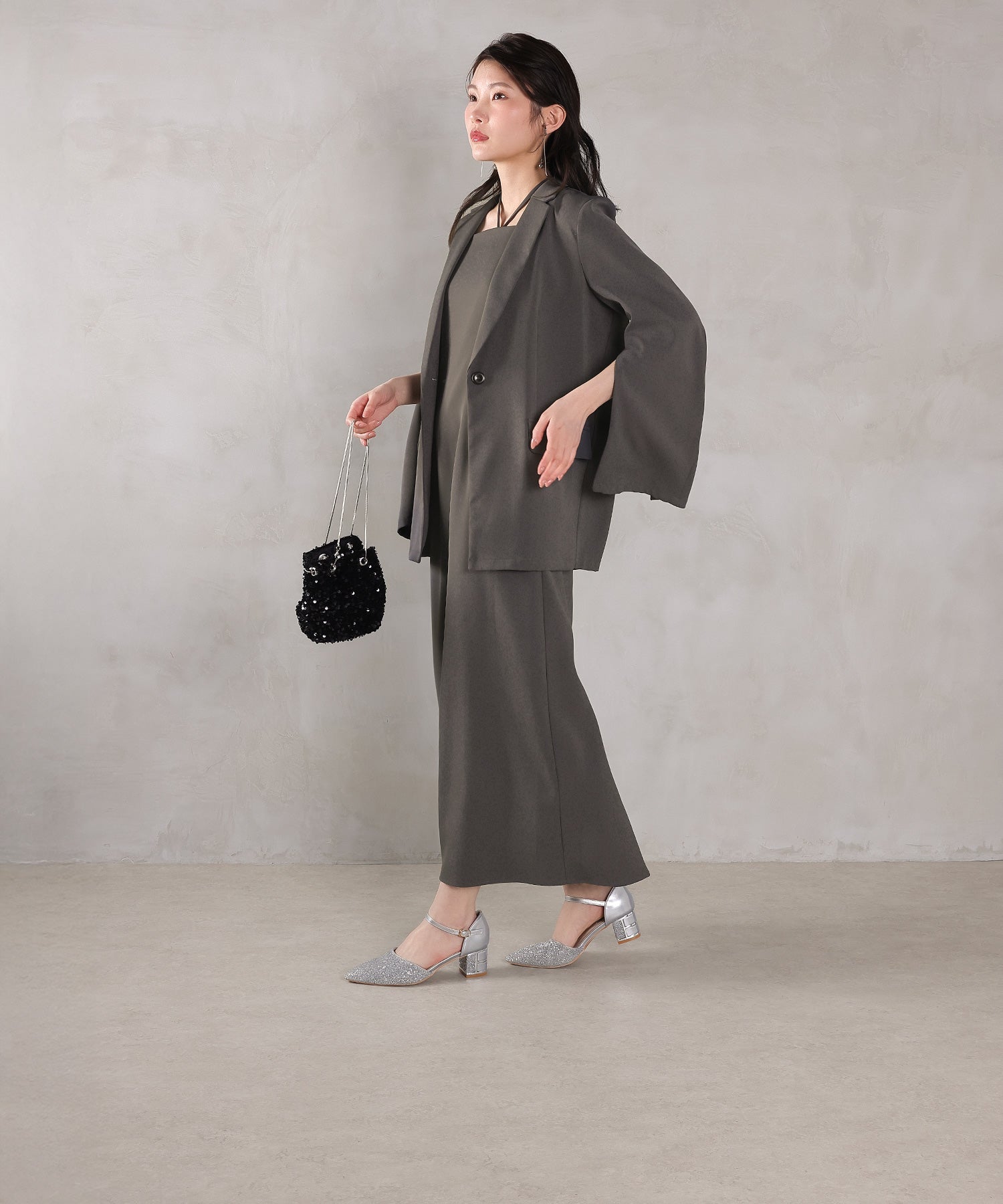 シングルジャケット 袖ファスナー Iライン ワンピース 2点セット