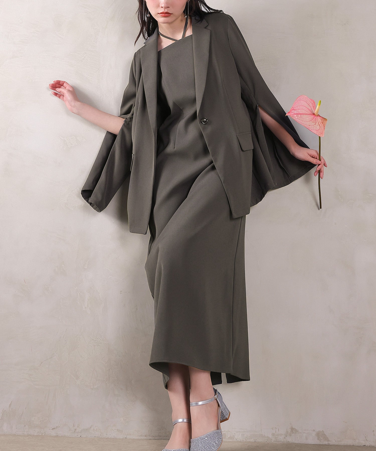 シングルジャケット 袖ファスナー Iライン ワンピース 2点セット