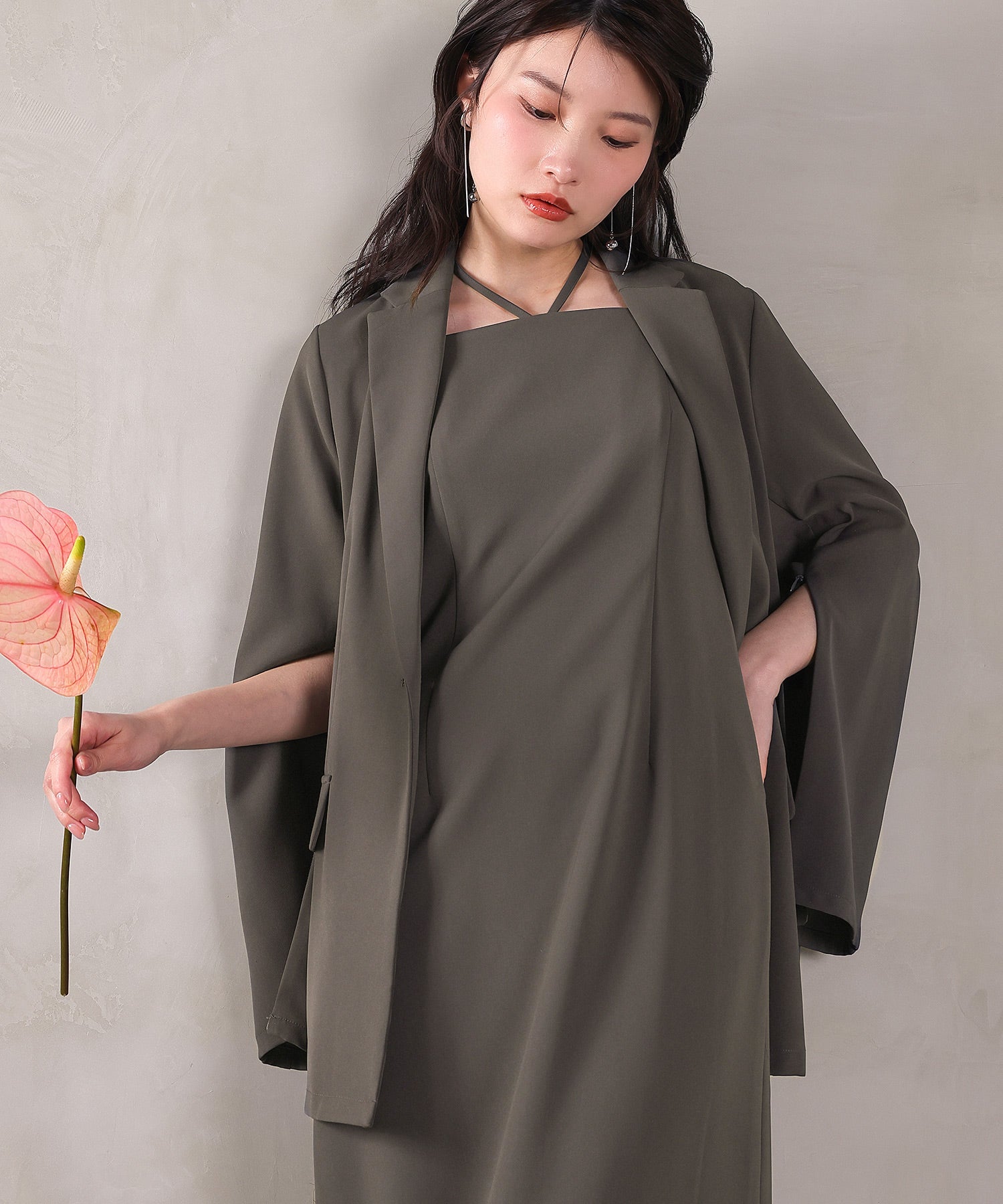 シングルジャケット 袖ファスナー Iライン ワンピース 2点セット